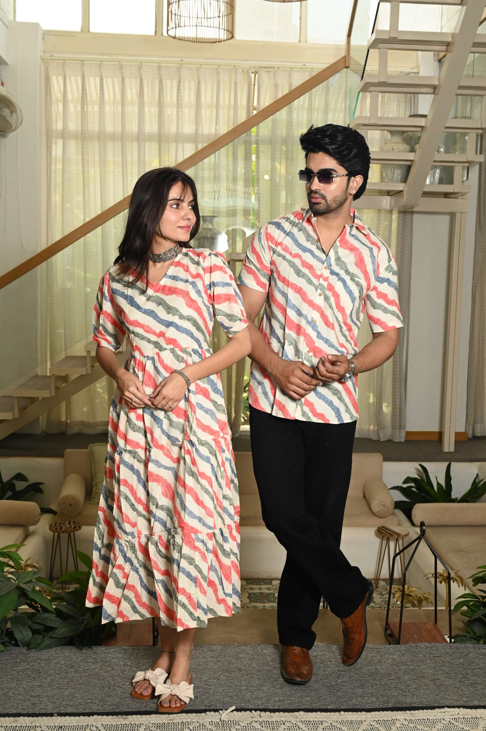 Couple Matching Cream Cotton Anarkali Midi Dress and Shirt Set ? Wavy Red & Blue Stripes - Image 2