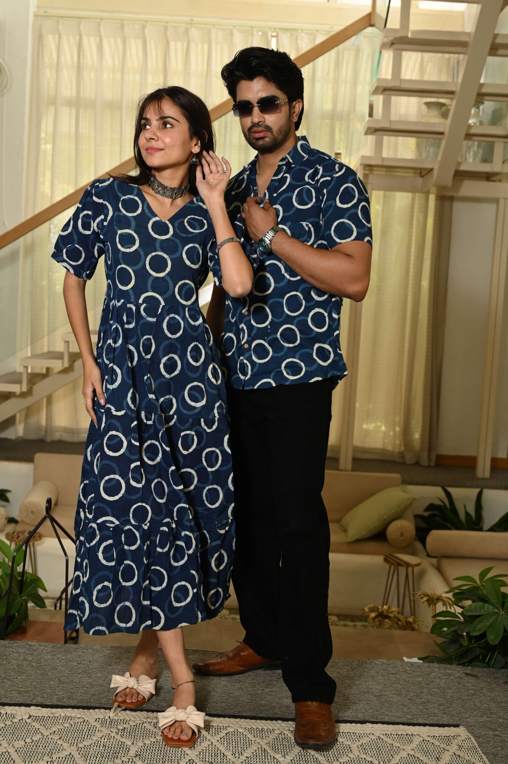 Couple Matching Navy Blue Circular Print Cotton Anarkali Midi Dress and Shirt Set - Image 3