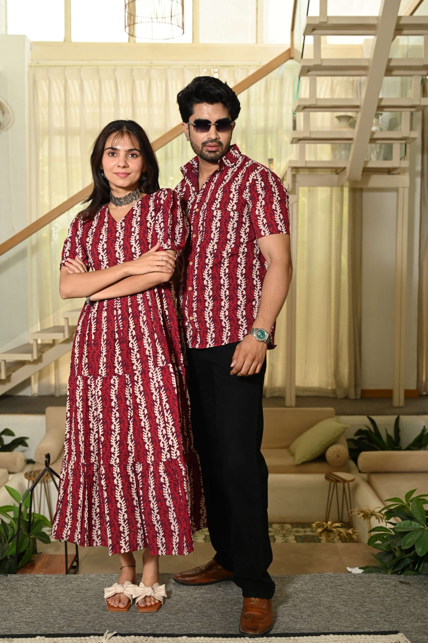 Couple Matching Red Cotton Anarkali Midi Dress and Shirt Set ? Vertical Vine Block Print