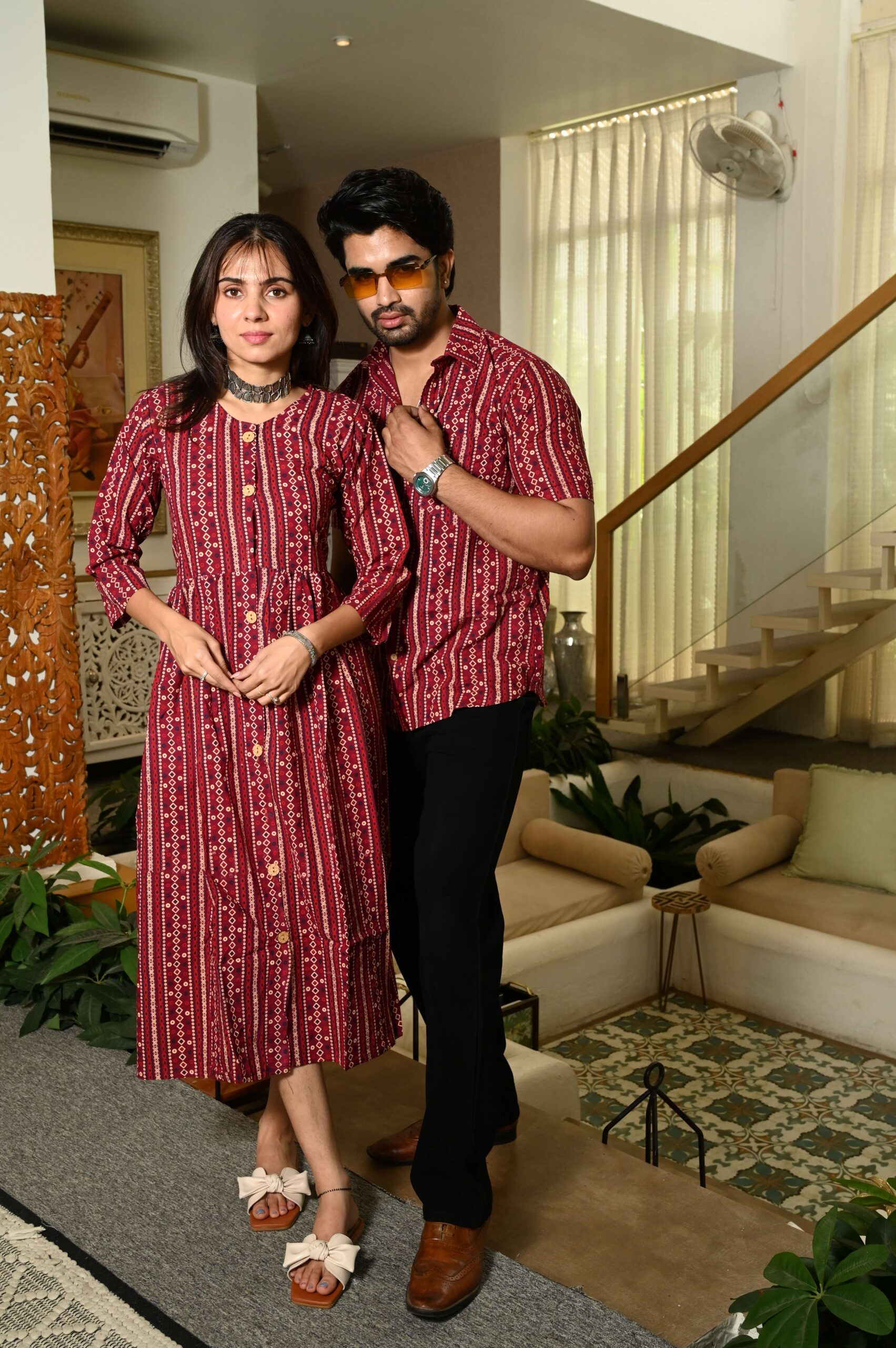 Couple Matching Maroon Cotton Anarkali Midi Dress and Shirt Set ? Vertical Stripe Ethnic Print - Image 3