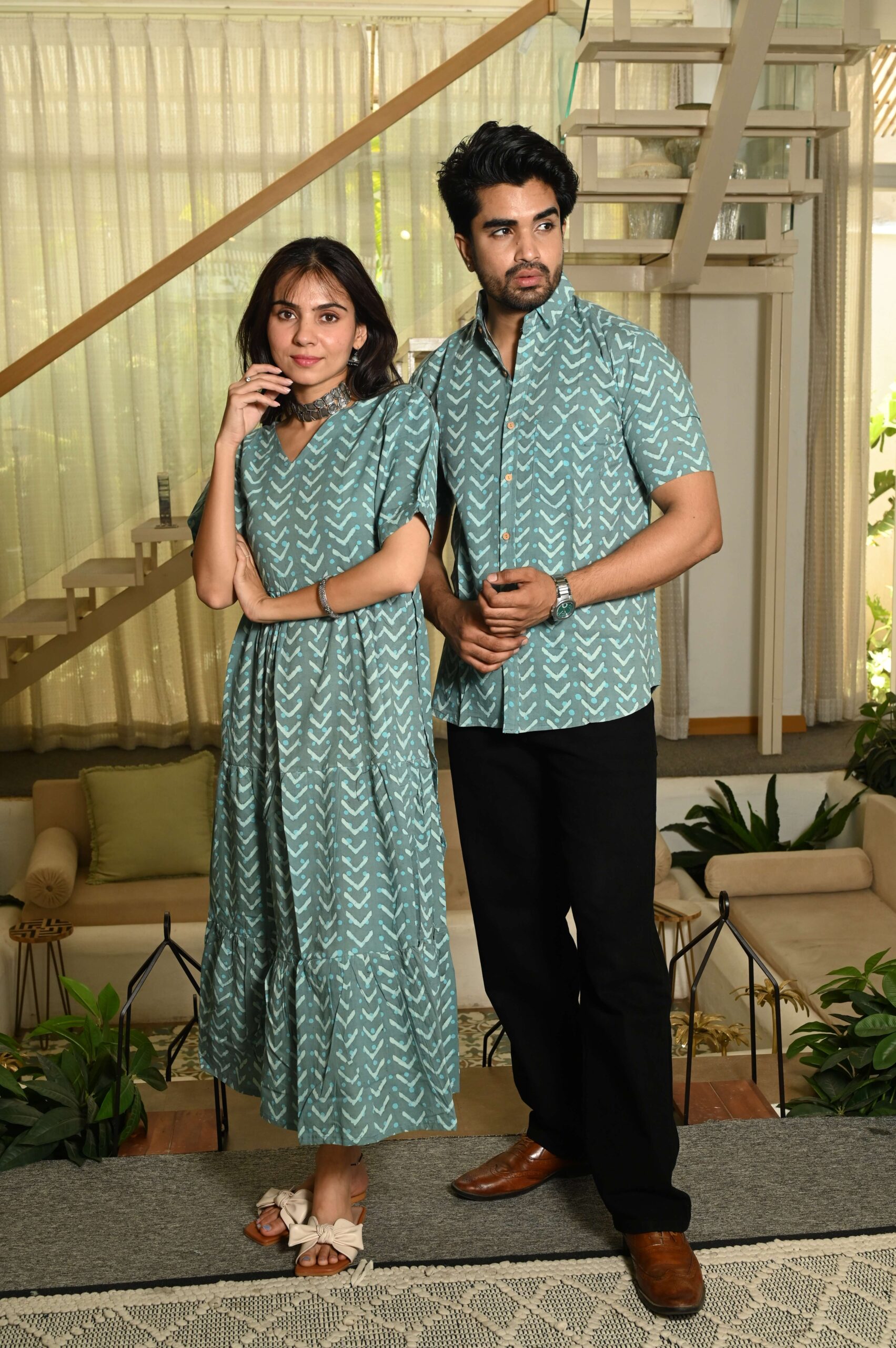 Couple Matching Green Cotton Anarkali Midi Dress and Shirt Set ? Arrow Print - Image 3