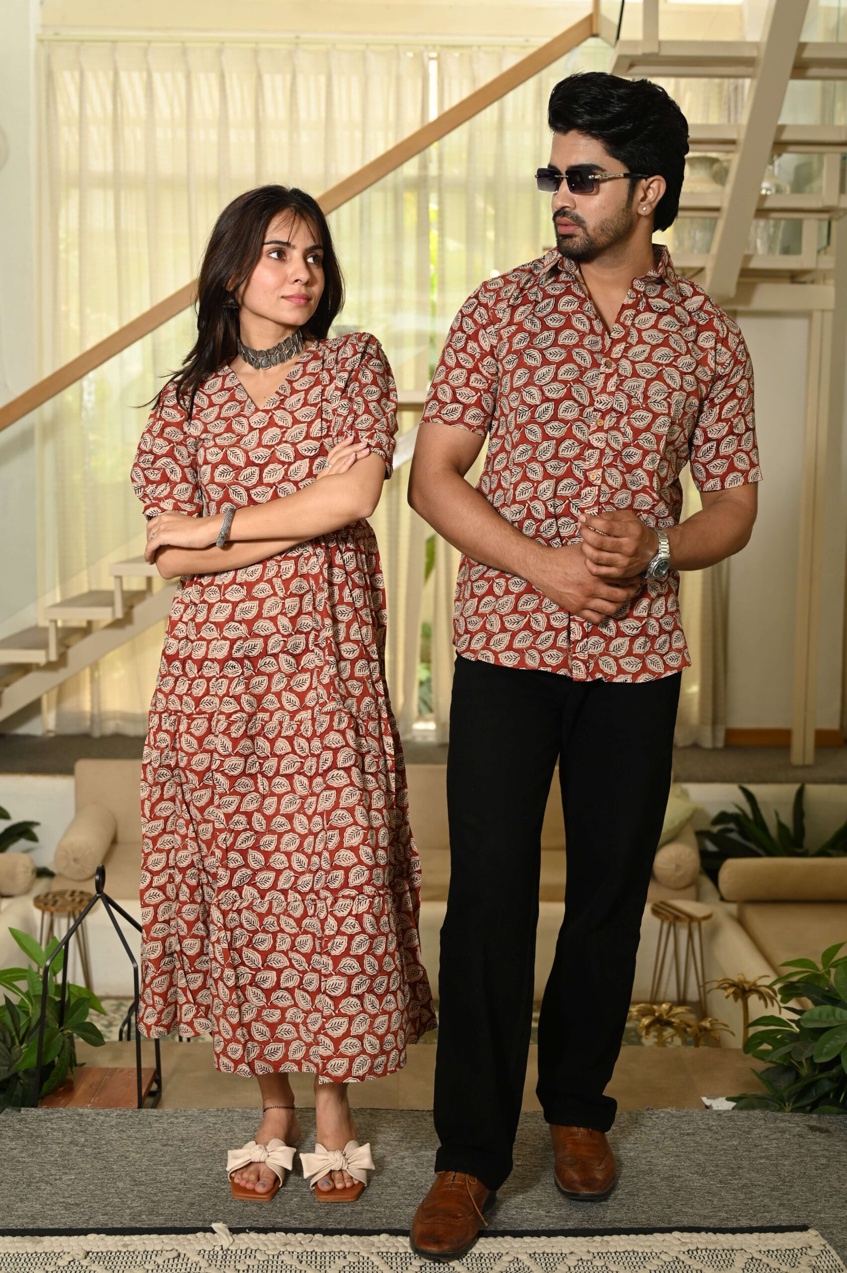 Couple Matching Red-Beige Cotton Anarkali Midi Dress and Shirt Set ? Leaf Block Print - Image 2