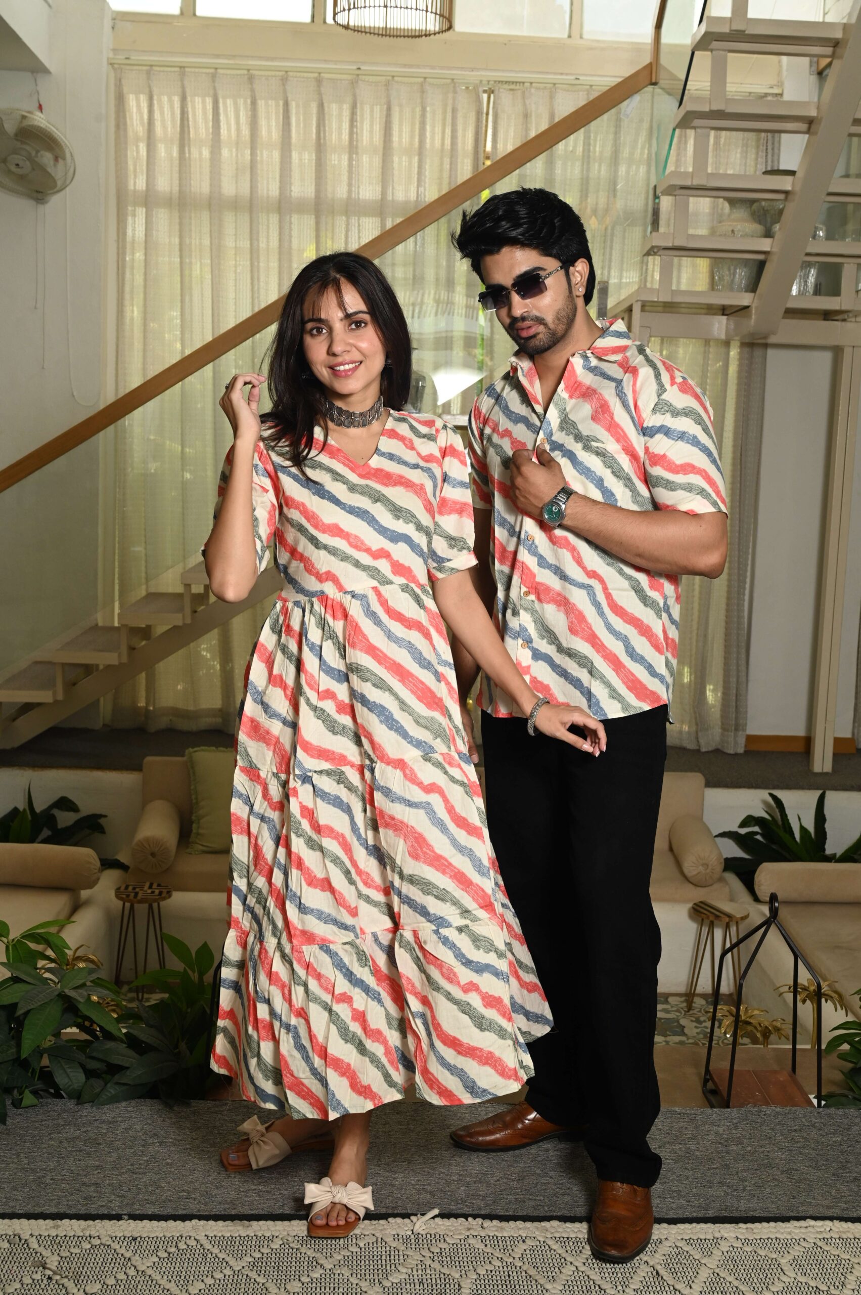 Couple Matching Cream Cotton Anarkali Midi Dress and Shirt Set ? Wavy Red & Blue Stripes - Image 3