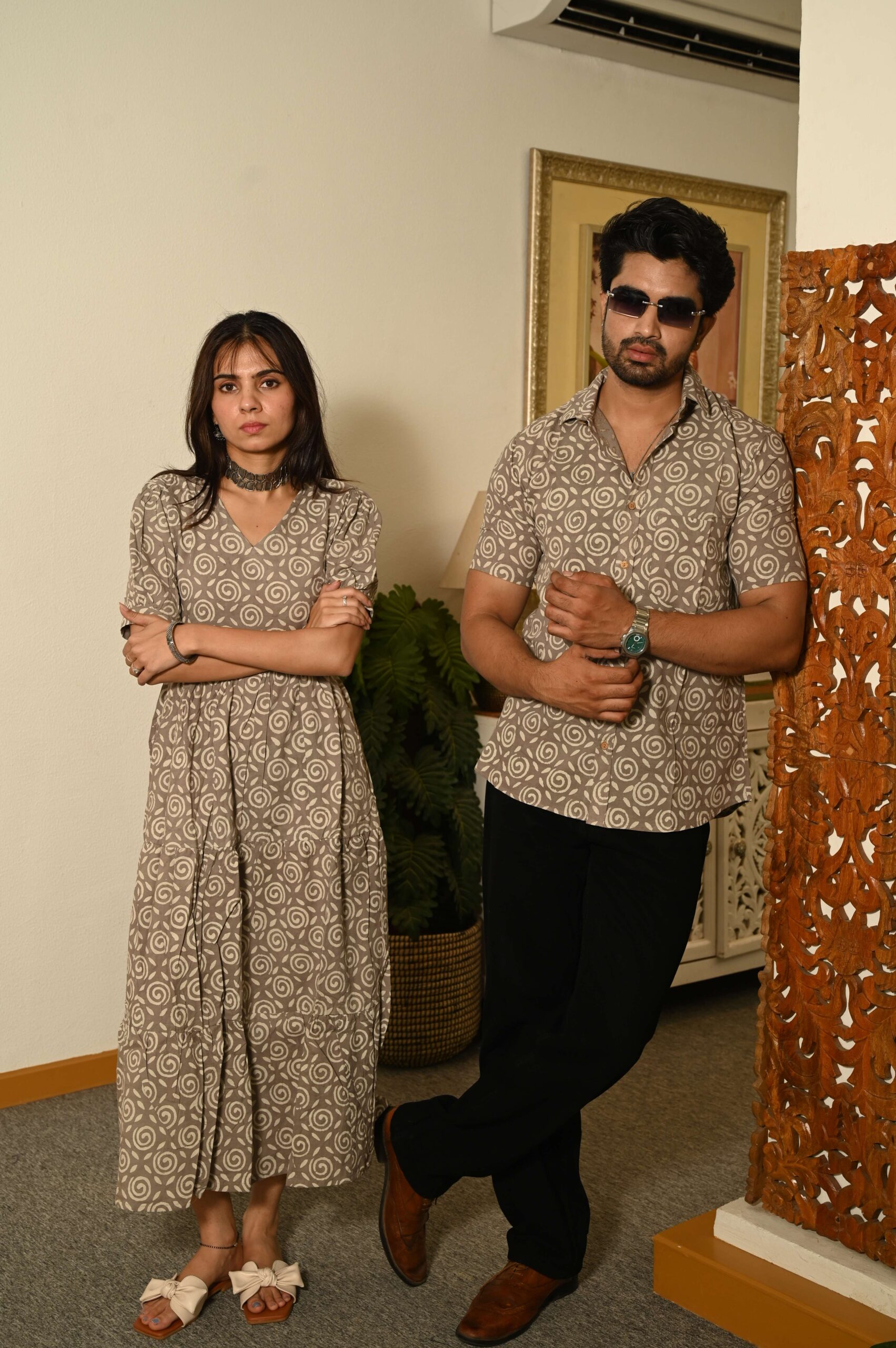 Couple Matching Beige Cotton Anarkali Midi Dress and Shirt Set ? Swirl Block Print