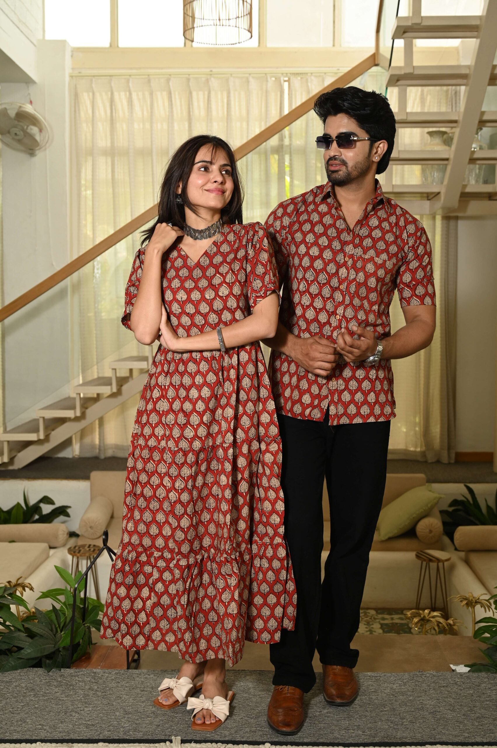 Couple Matching Red Cotton Anarkali Midi Dress and Shirt Set ? Gold Leaf Block Print - Image 3