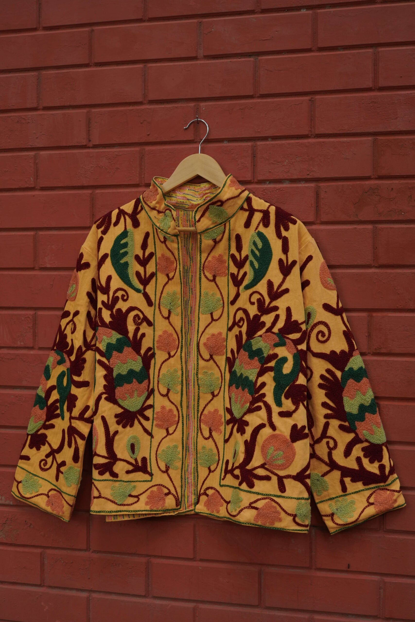 Womens Yellow Velvet Embroidered Jacket with Floral Design - Image 8