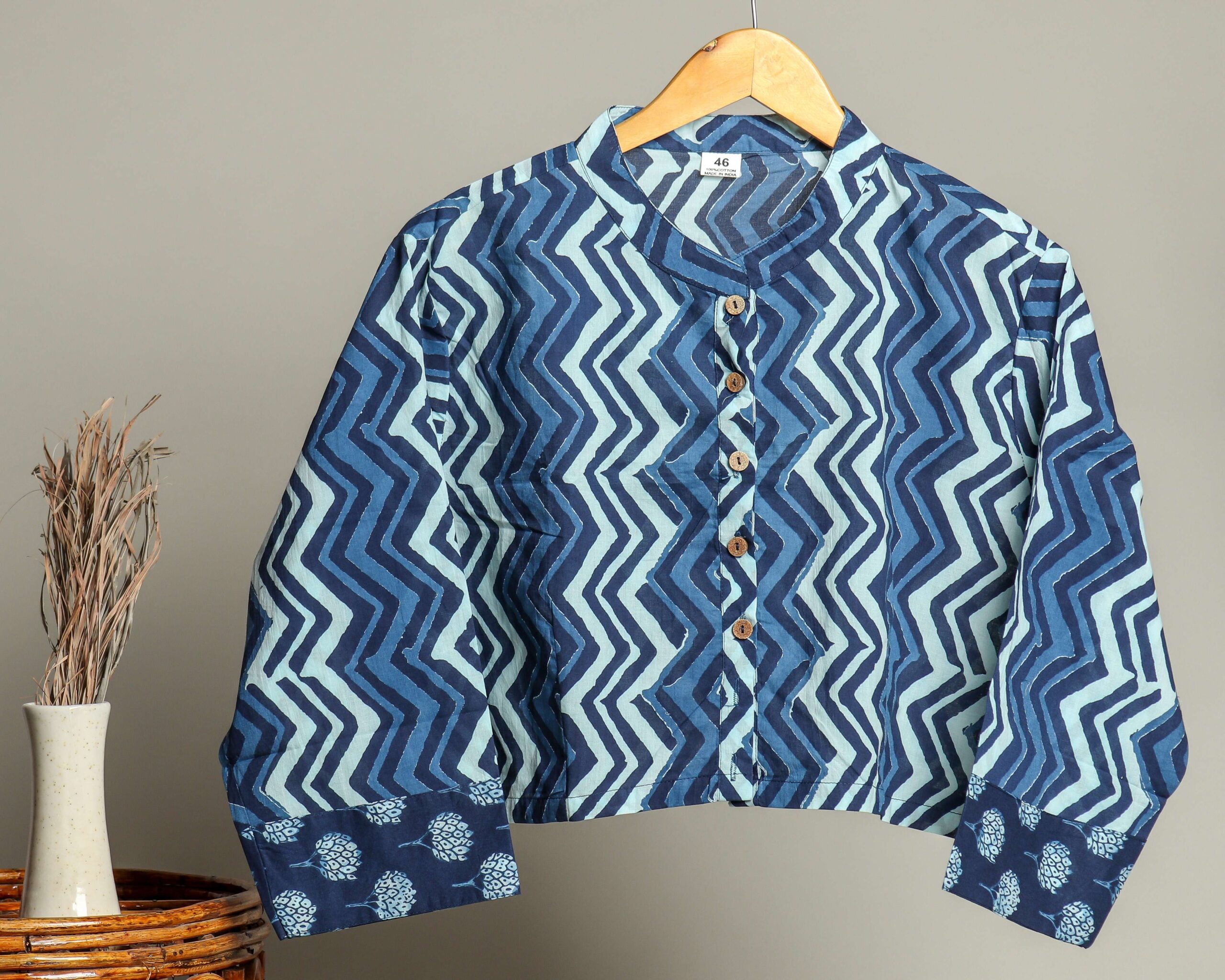 Handmade Cotton Shirt for Women ? Black & Grey Zigzag Print Button-Down Top with Full Sleeves