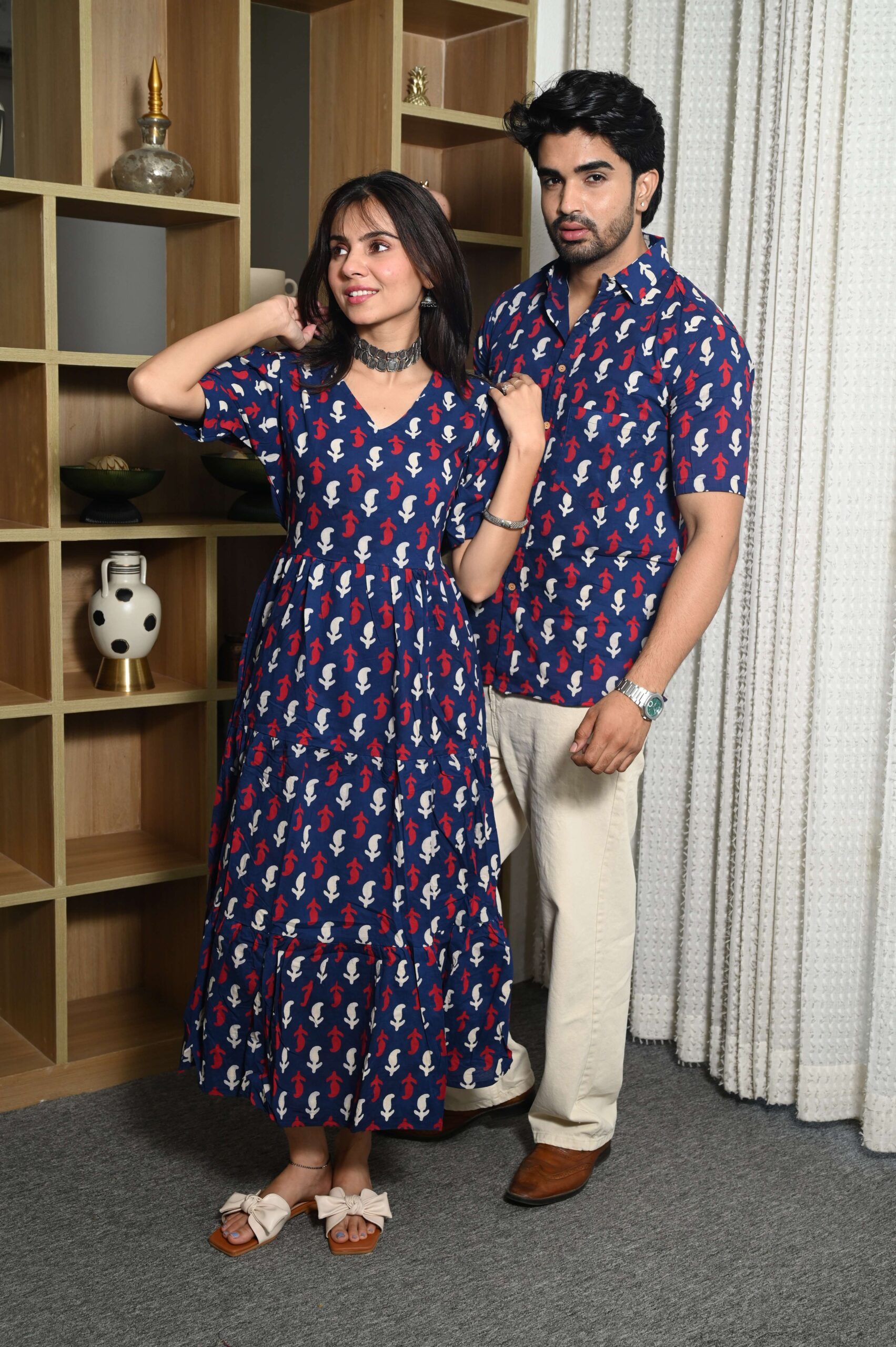 Couple Matching Navy Blue Cotton Anarkali Midi Dress and Shirt Set ? Red & White Abstract Print - Image 2