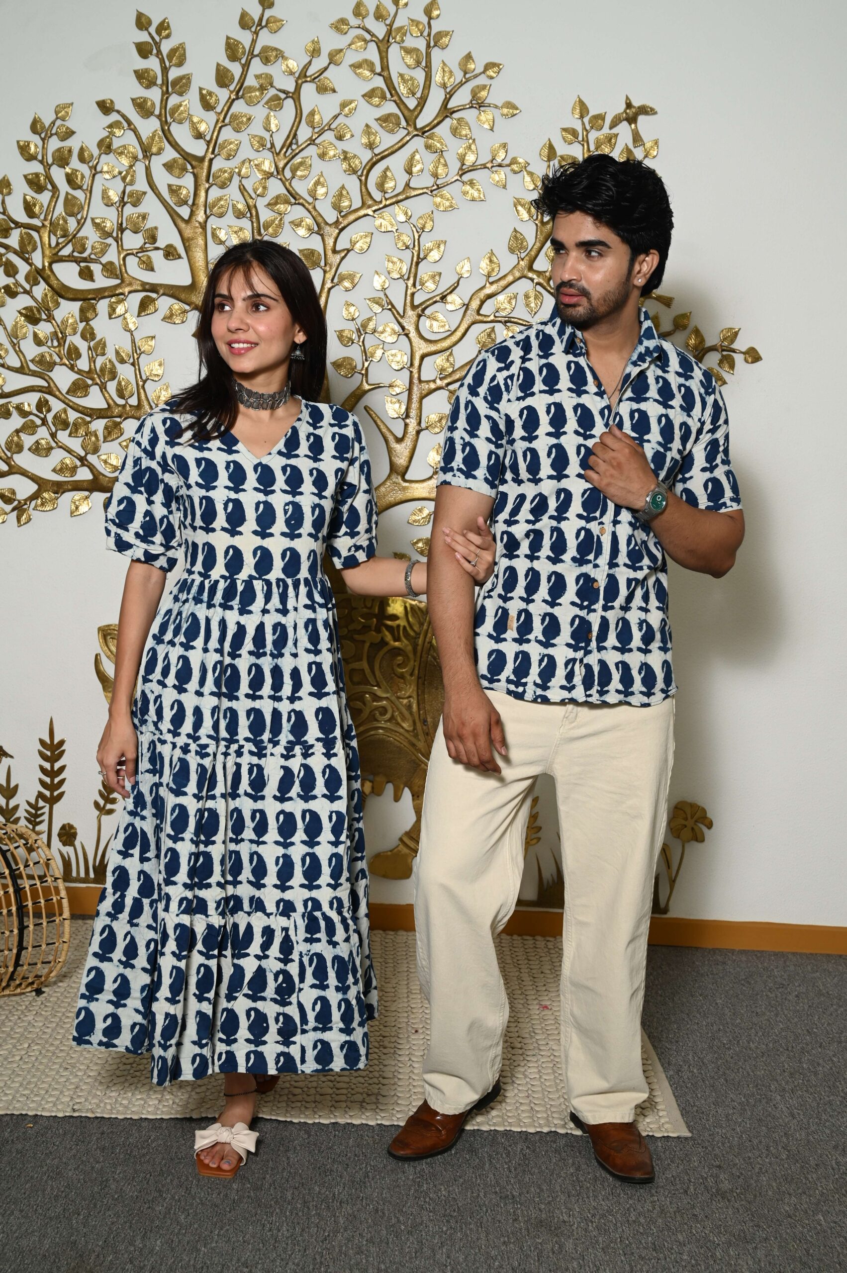 Couple Matching White And Blue Printed Cotton Anarkali Midi Dress & Shirt Set ? Summer Casual Wear - Image 3
