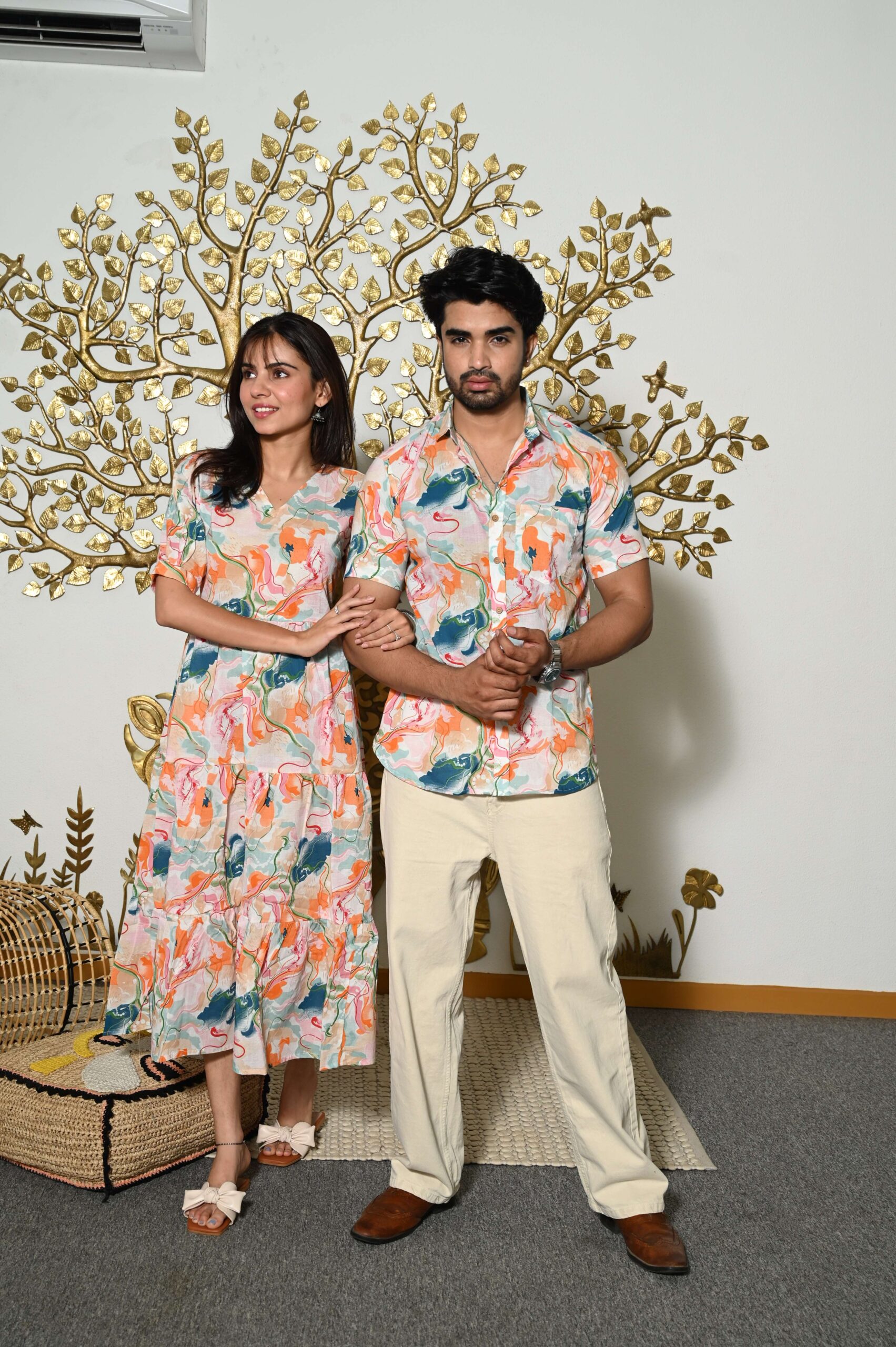 Couple Matching Abstract Print Cotton Anarkali Midi Dress & Shirt Set ? Multicolor Summer Outfit - Image 3