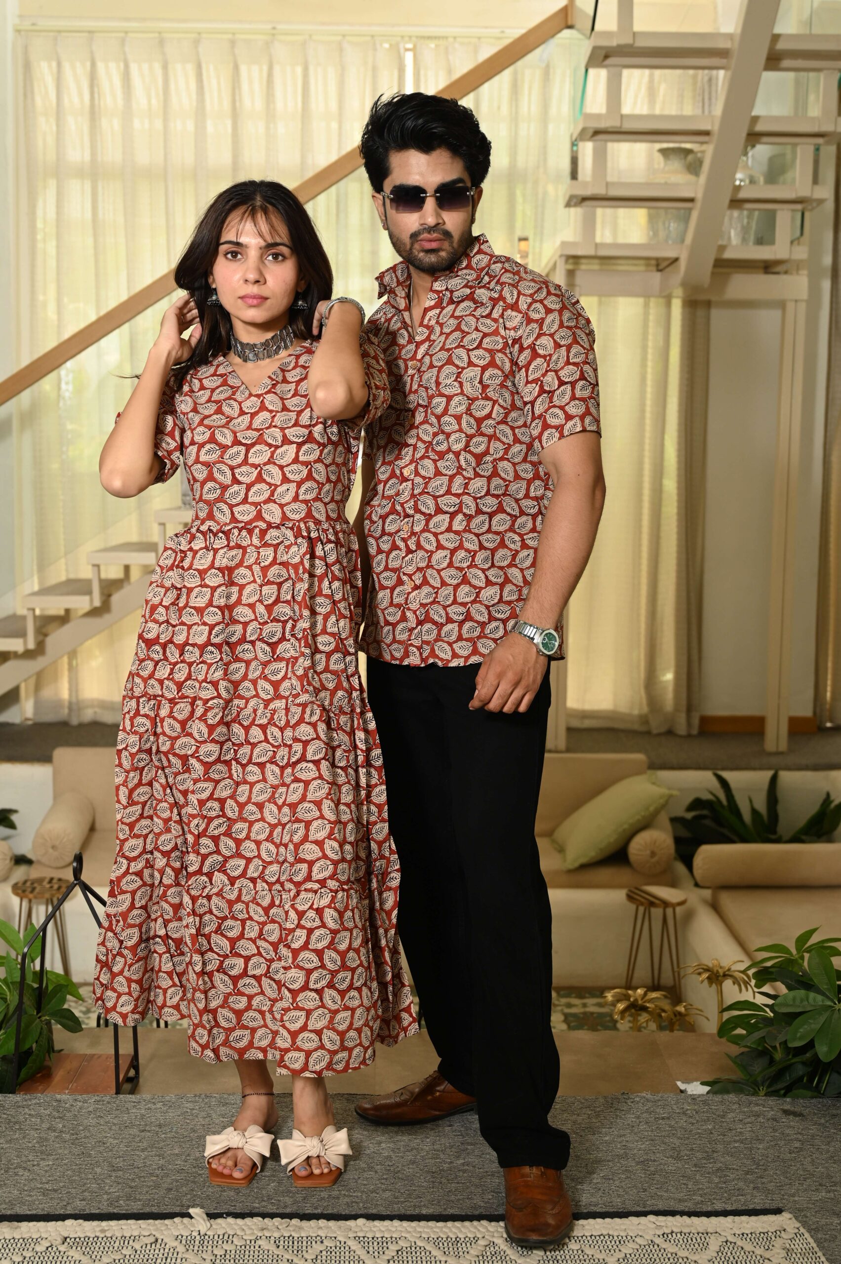 Couple Matching Red-Beige Cotton Anarkali Midi Dress and Shirt Set ? Leaf Block Print