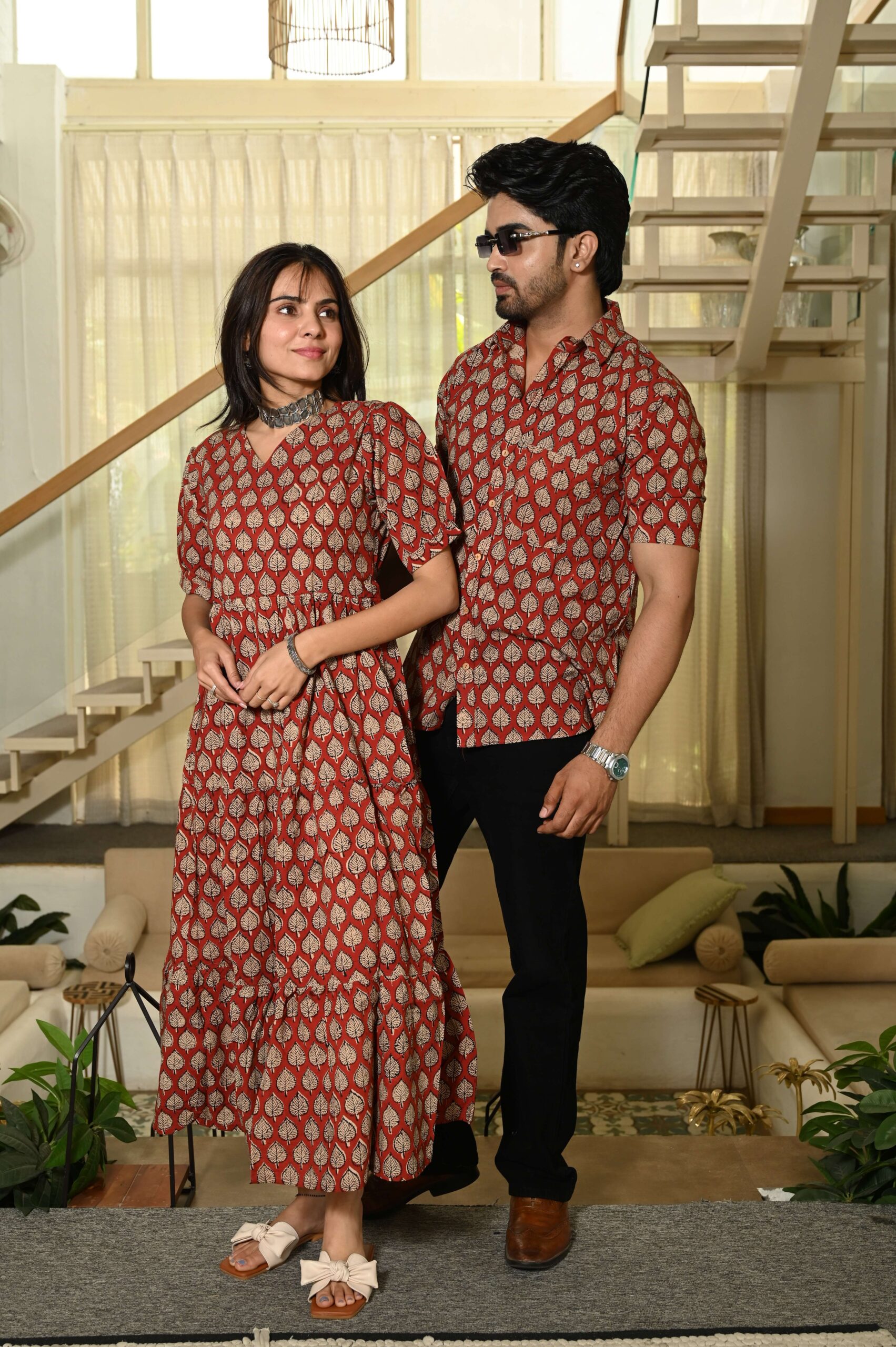 Couple Matching Red Cotton Anarkali Midi Dress and Shirt Set ? Gold Leaf Block Print - Image 2