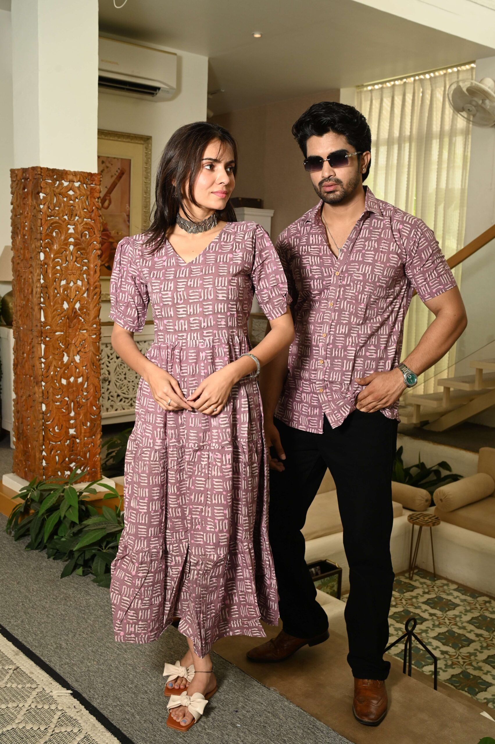 Couple Matching Mauve Cotton Anarkali Midi Dress and Shirt Set ? Abstract Line Print - Image 3