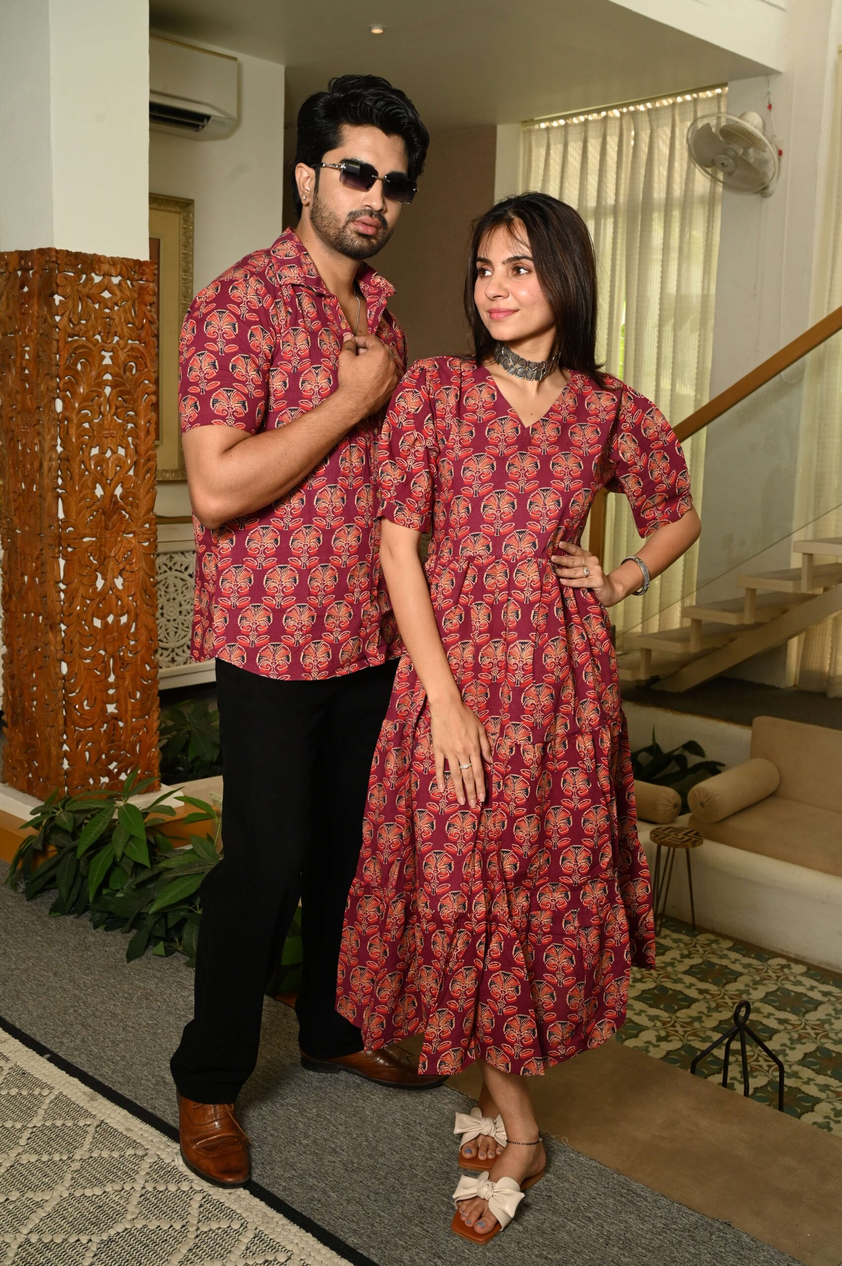 Couple Matching Red Cotton Anarkali Midi Dress and Shirt Set ? Floral Block Print - Image 3