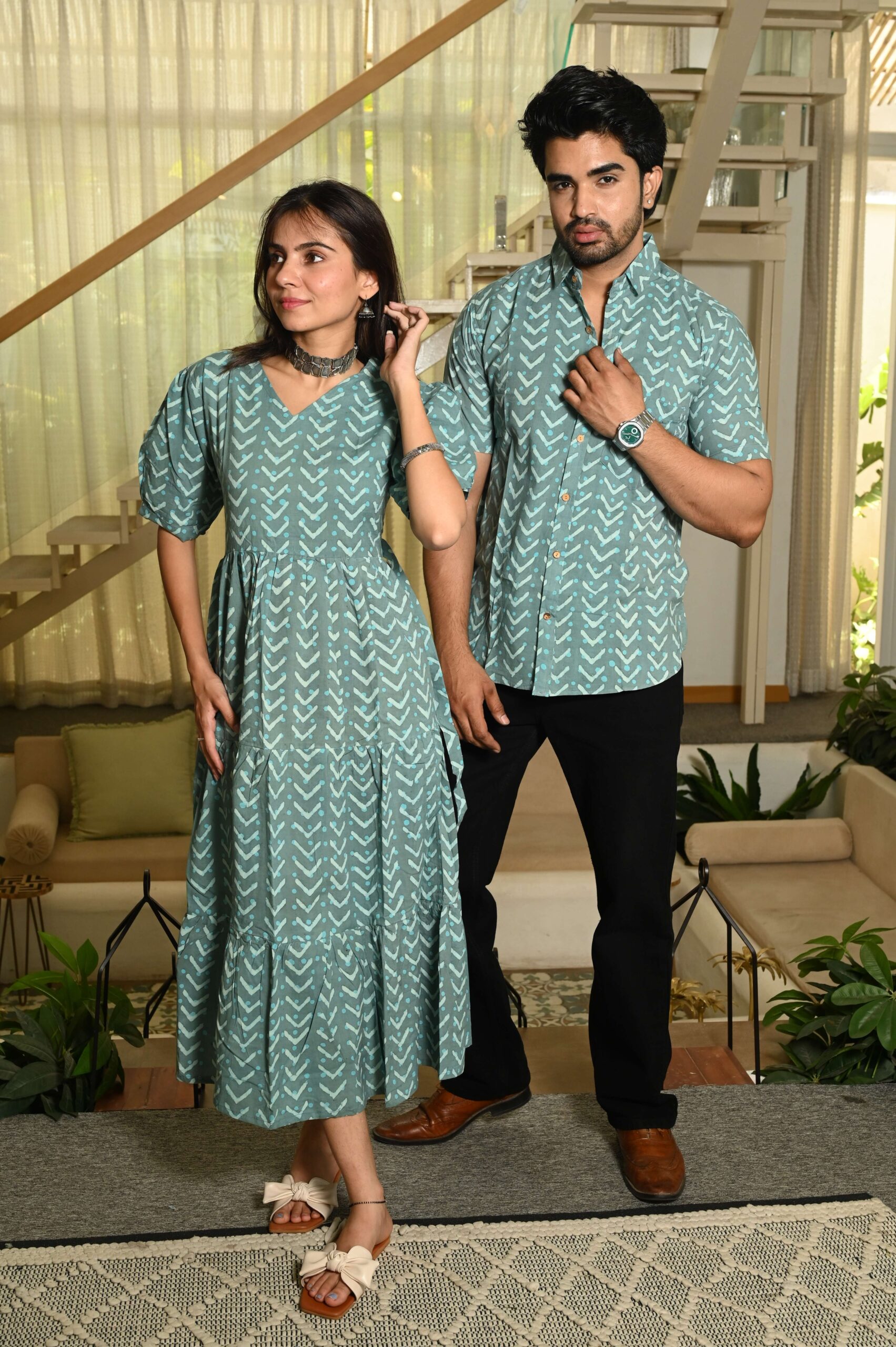 Couple Matching Green Cotton Anarkali Midi Dress and Shirt Set ? Arrow Print - Image 2
