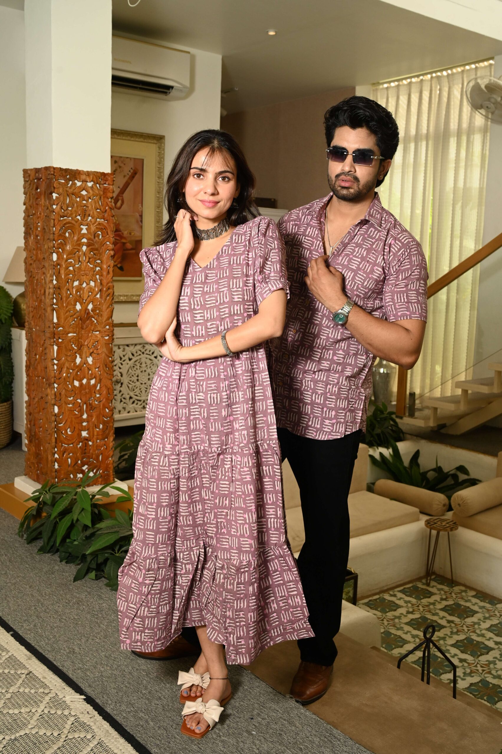 Couple Matching Mauve Cotton Anarkali Midi Dress and Shirt Set ? Abstract Line Print - Image 2