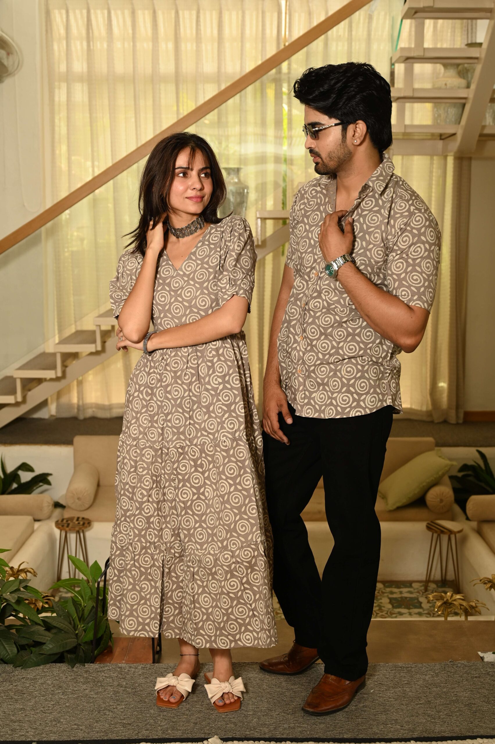 Couple Matching Beige Cotton Anarkali Midi Dress and Shirt Set ? Swirl Block Print - Image 4