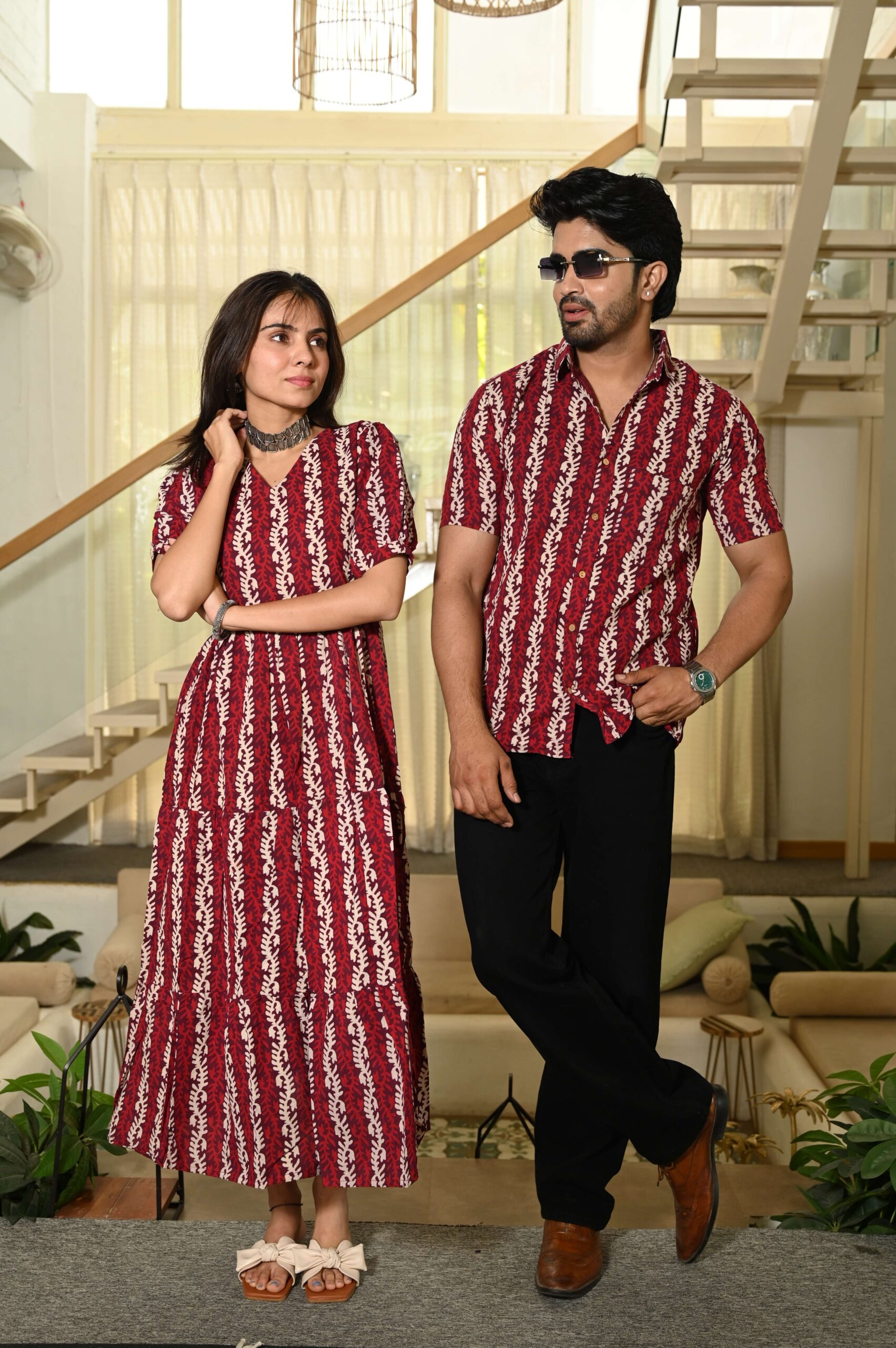 Couple Matching Red Cotton Anarkali Midi Dress and Shirt Set ? Vertical Vine Block Print - Image 2