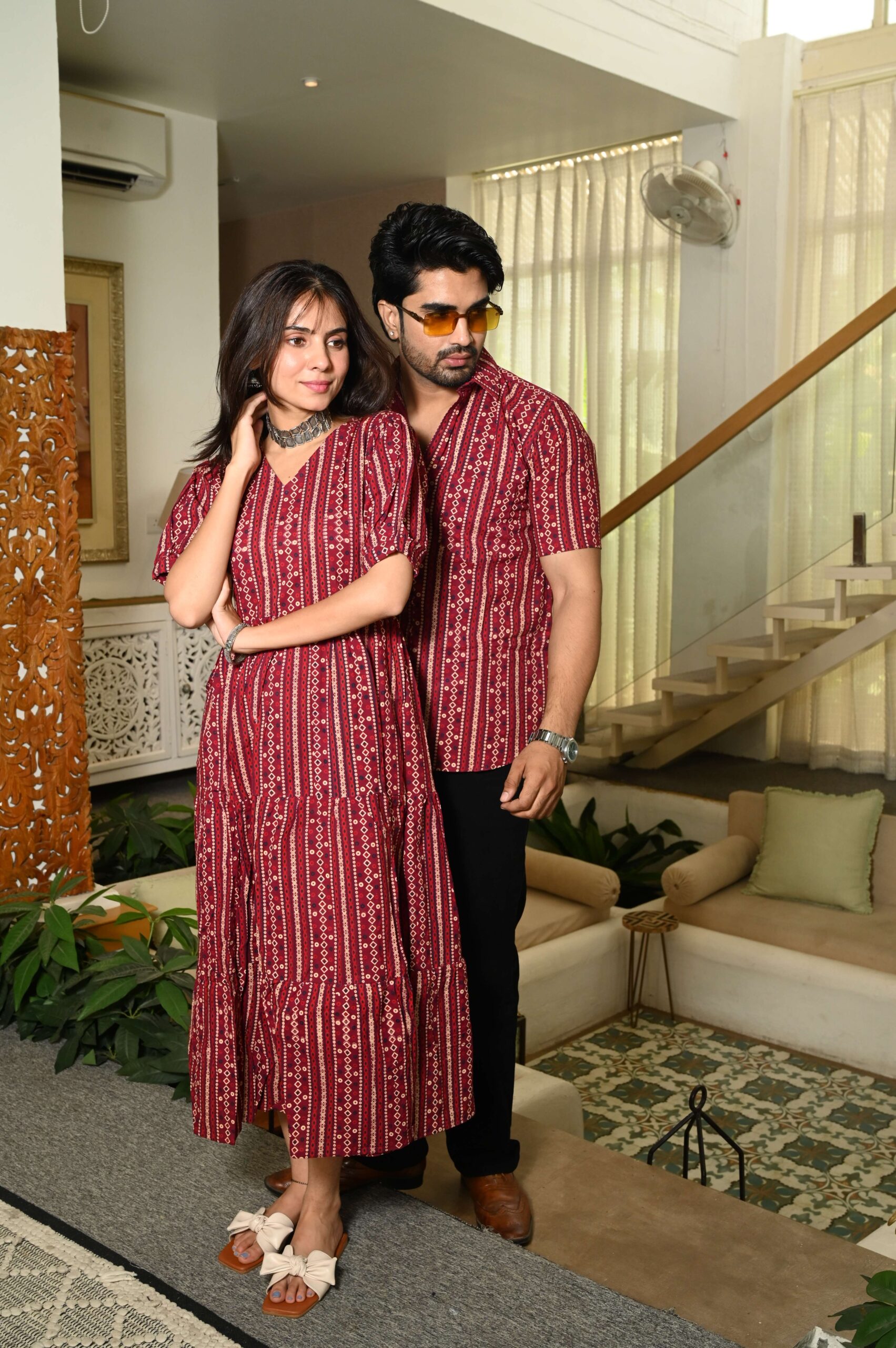 Couple Matching Maroon Cotton Anarkali Midi Dress and Shirt Set ? Vertical Stripe Ethnic Print - Image 2