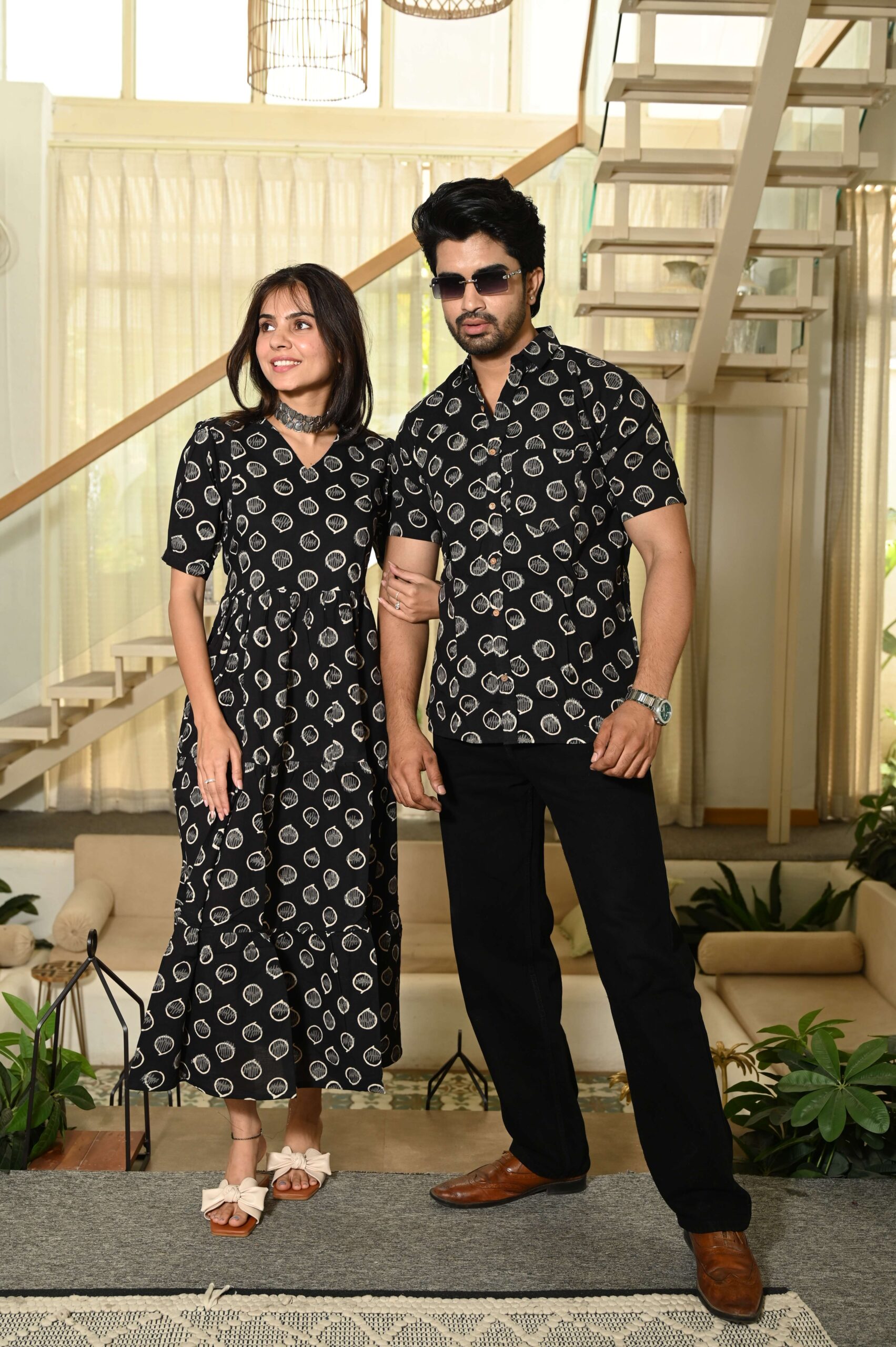 Couple Matching Black Cotton Anarkali Midi Dress and Shirt Set ? Vertical Vine Block Print - Image 3
