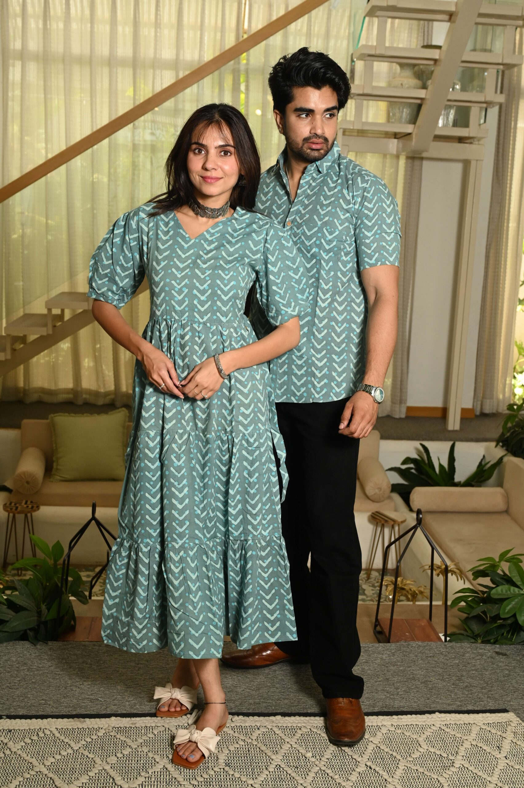 Couple Matching Green Cotton Anarkali Midi Dress and Shirt Set ? Arrow Print