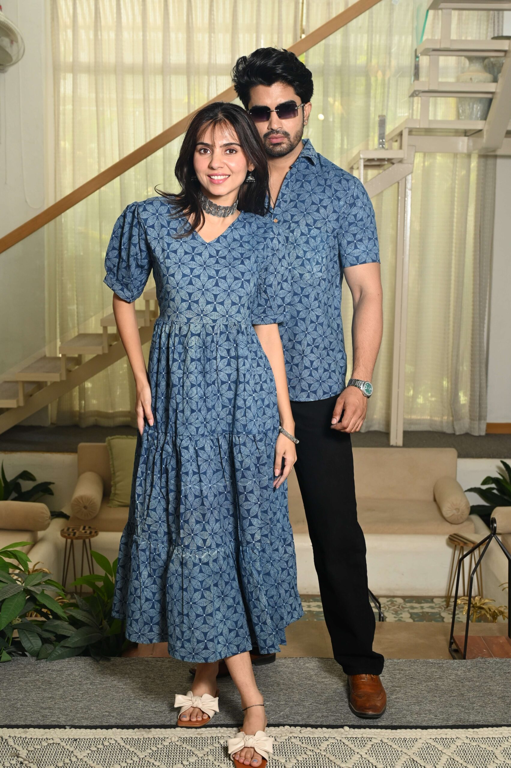 Couple Matching Blue Cotton Anarkali Midi Dress and Shirt Set ? Geometric Block Print