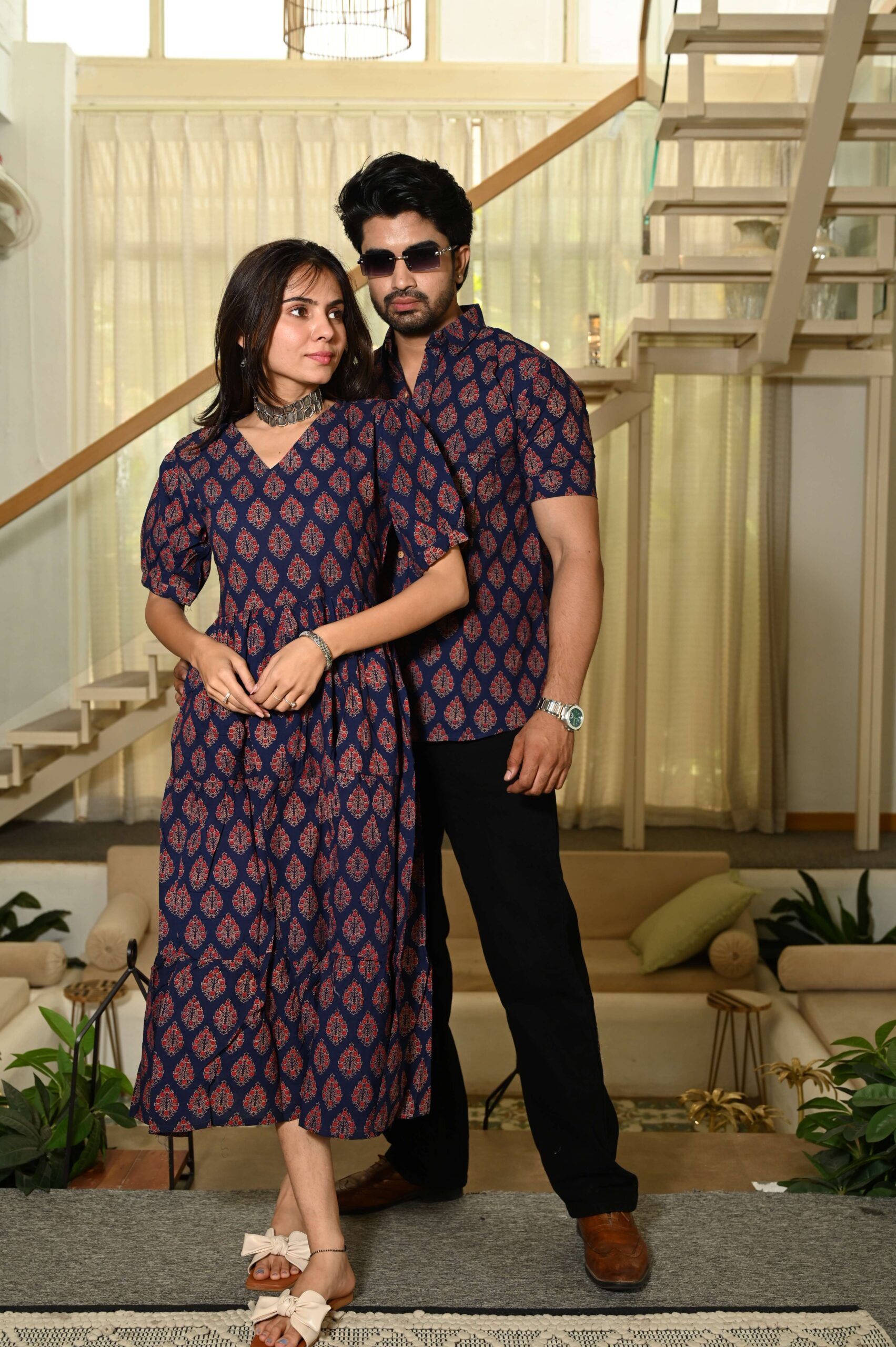 Couple Matching Navy Blue Cotton Anarkali Midi Dress and Shirt Set ? Red Hand Block Print