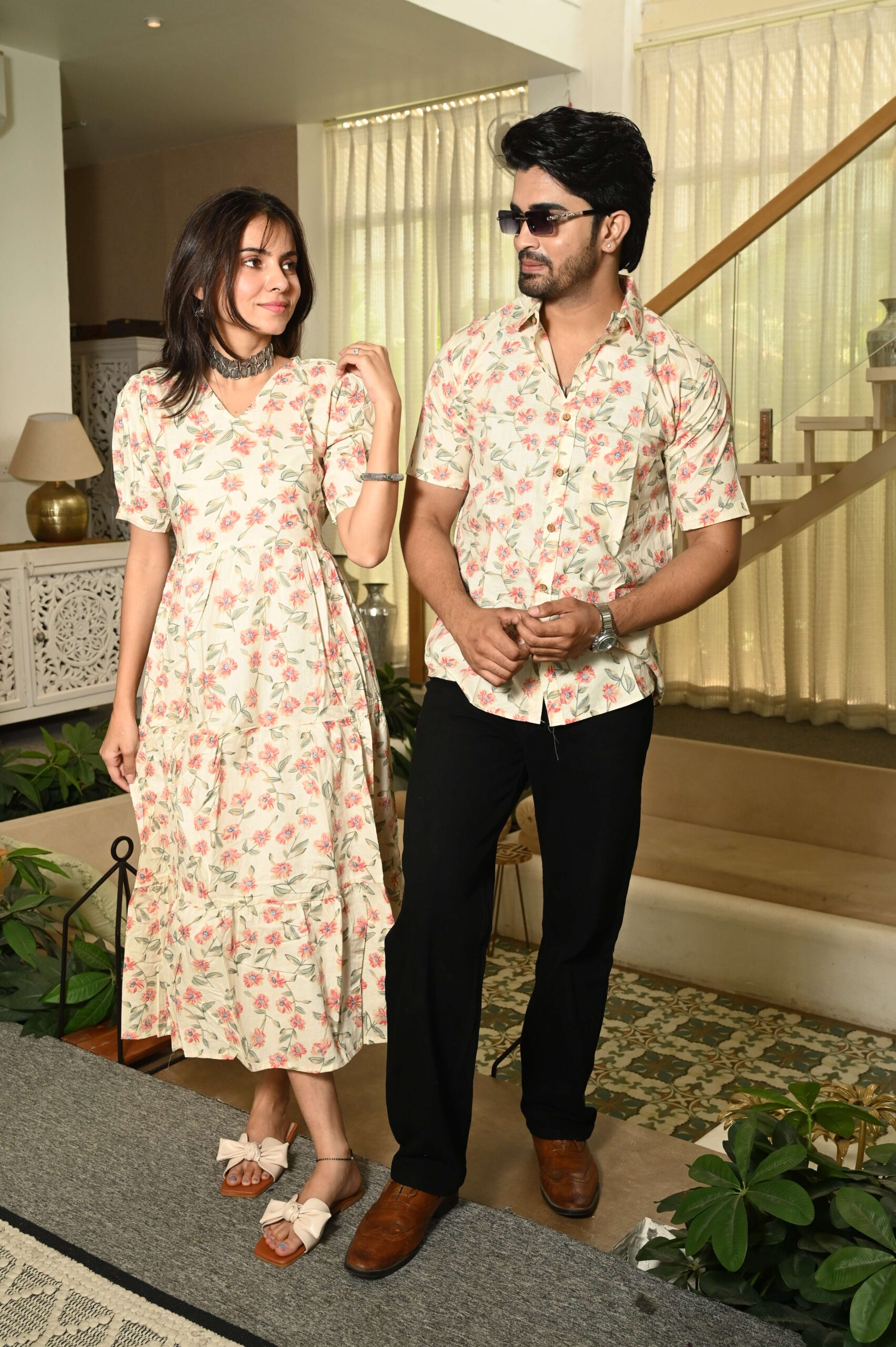 Couple Matching Cream floral Cotton Printed Anarkali Midi Dress & Shirt Set ? Casual & Festive Wear - Image 3