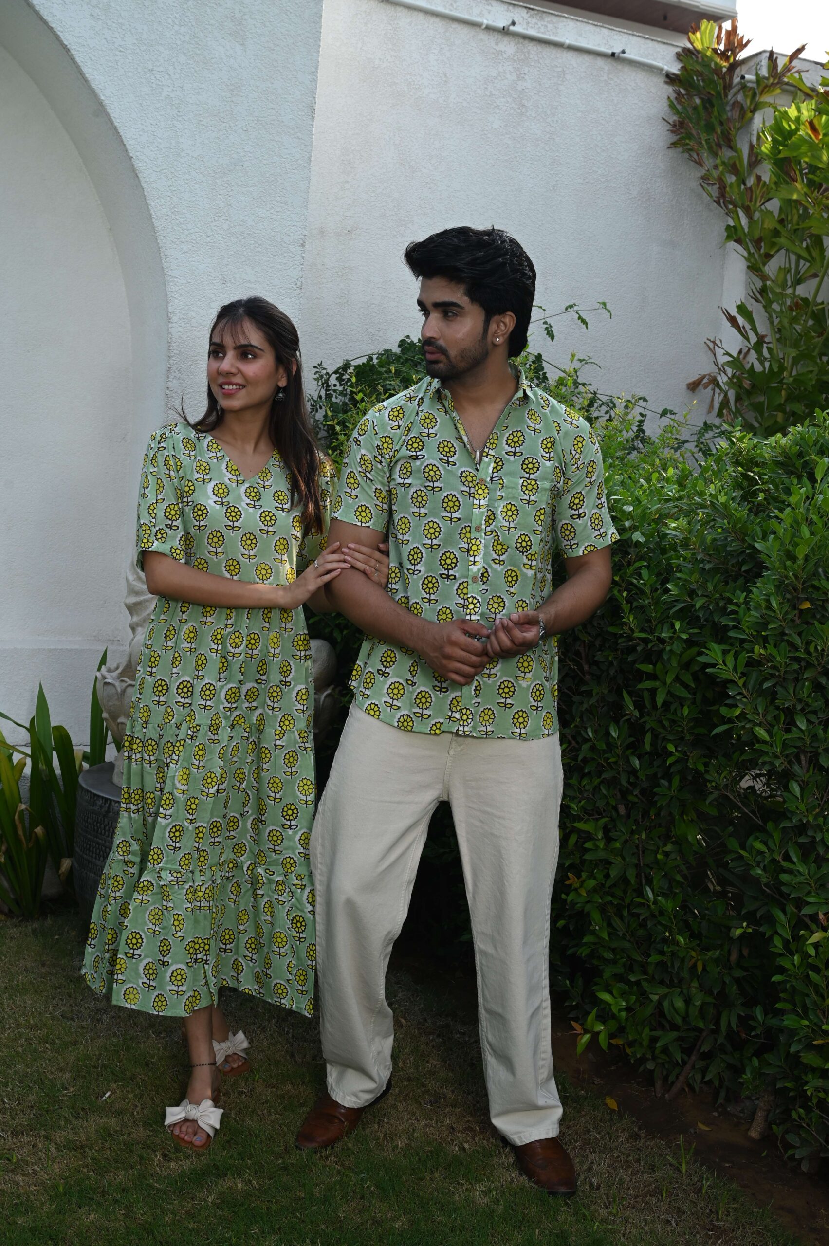 Couple Matching Light Green Printed Cotton Anarkali Midi Dress & Shirt Set ? Summer Casual Wear - Image 3