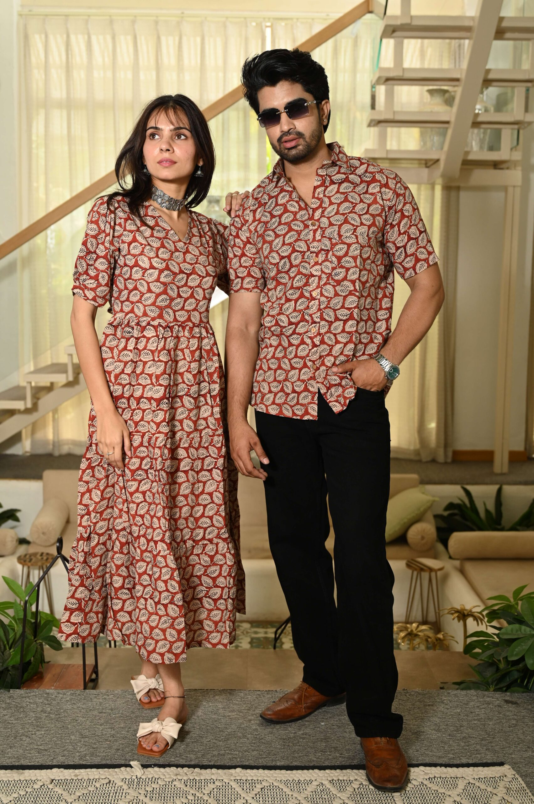Couple Matching Red-Beige Cotton Anarkali Midi Dress and Shirt Set ? Leaf Block Print - Image 3