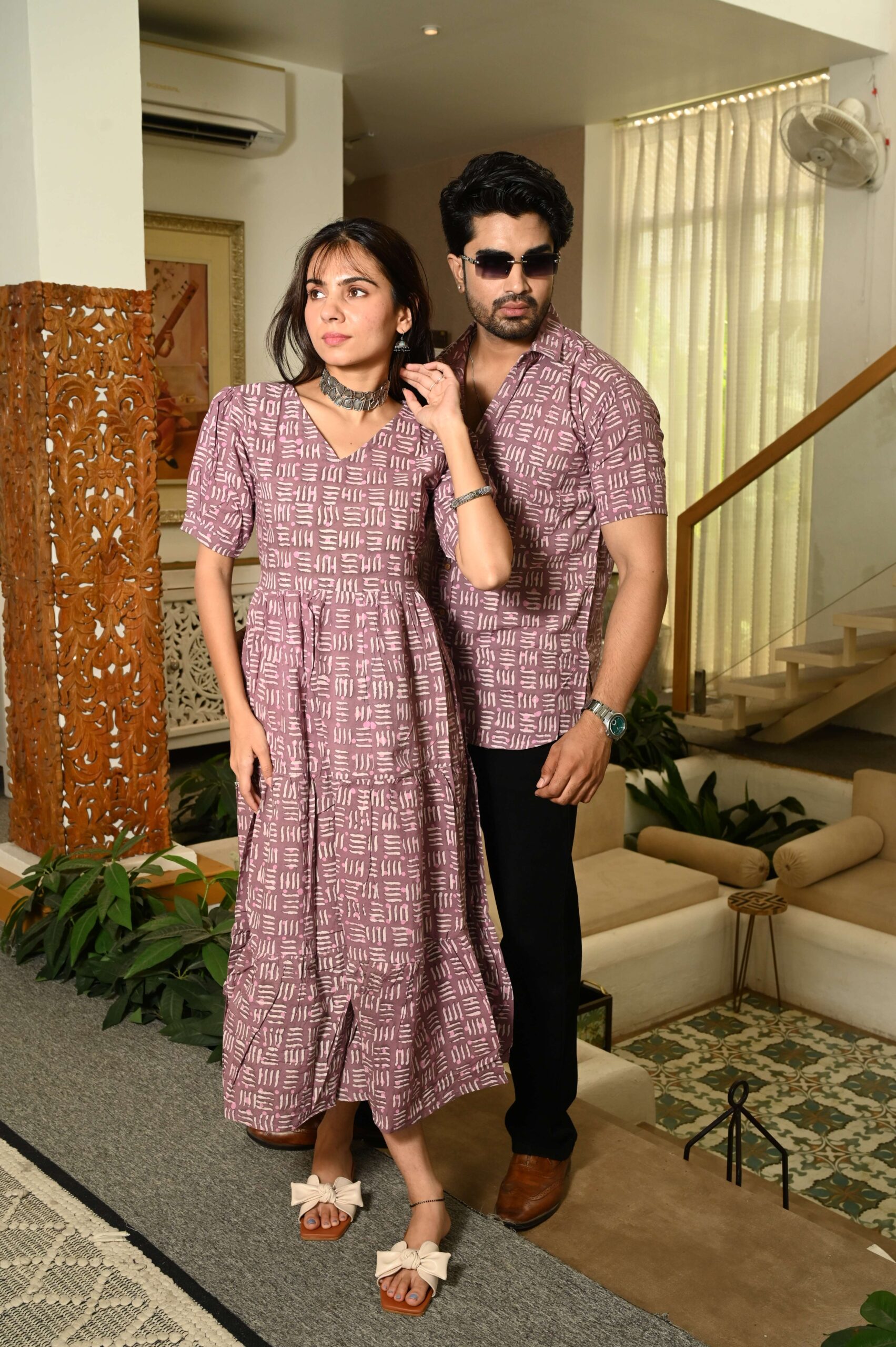 Couple Matching Mauve Cotton Anarkali Midi Dress and Shirt Set ? Abstract Line Print