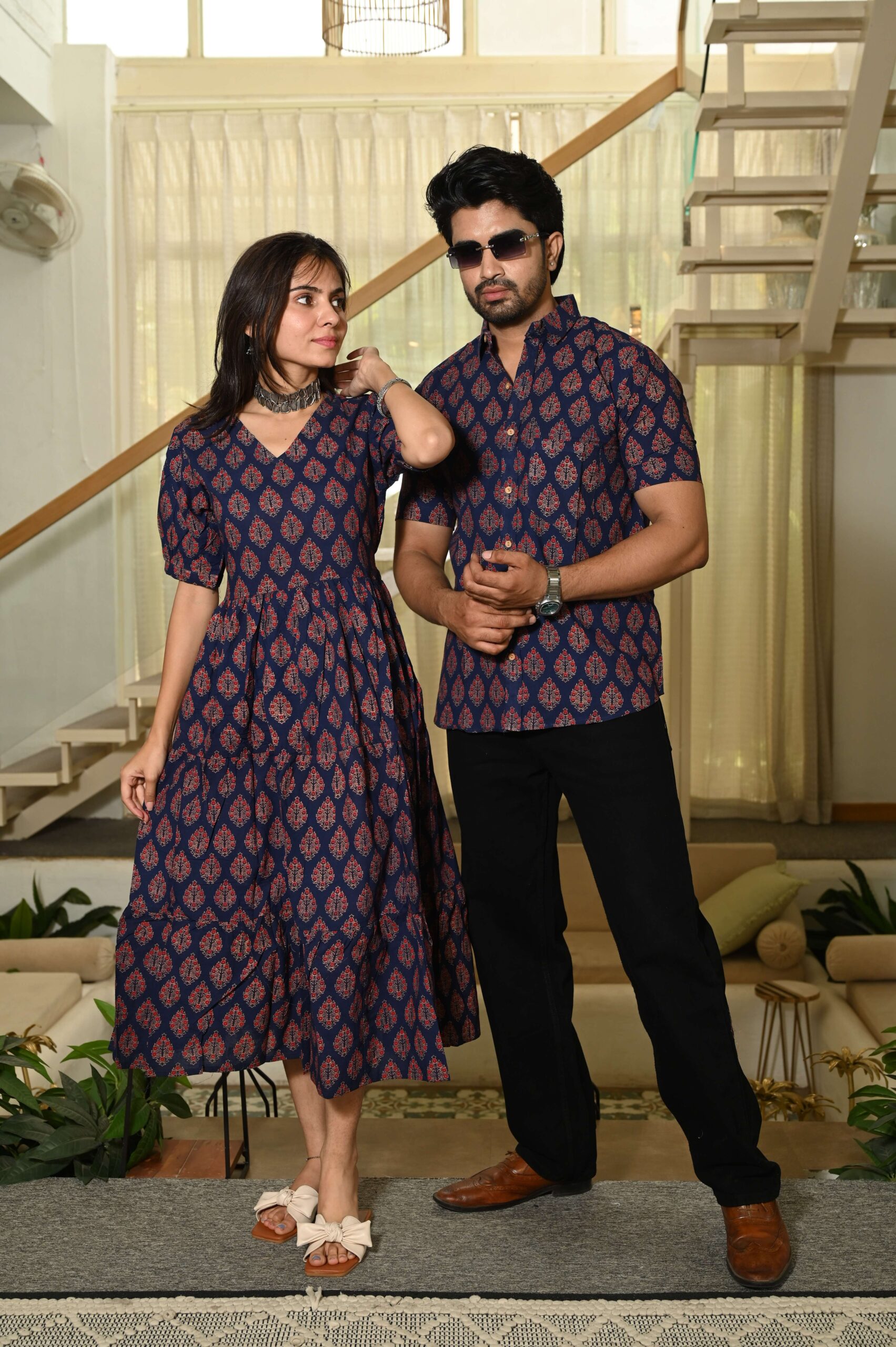 Couple Matching Navy Blue Cotton Anarkali Midi Dress and Shirt Set ? Red Hand Block Print - Image 3