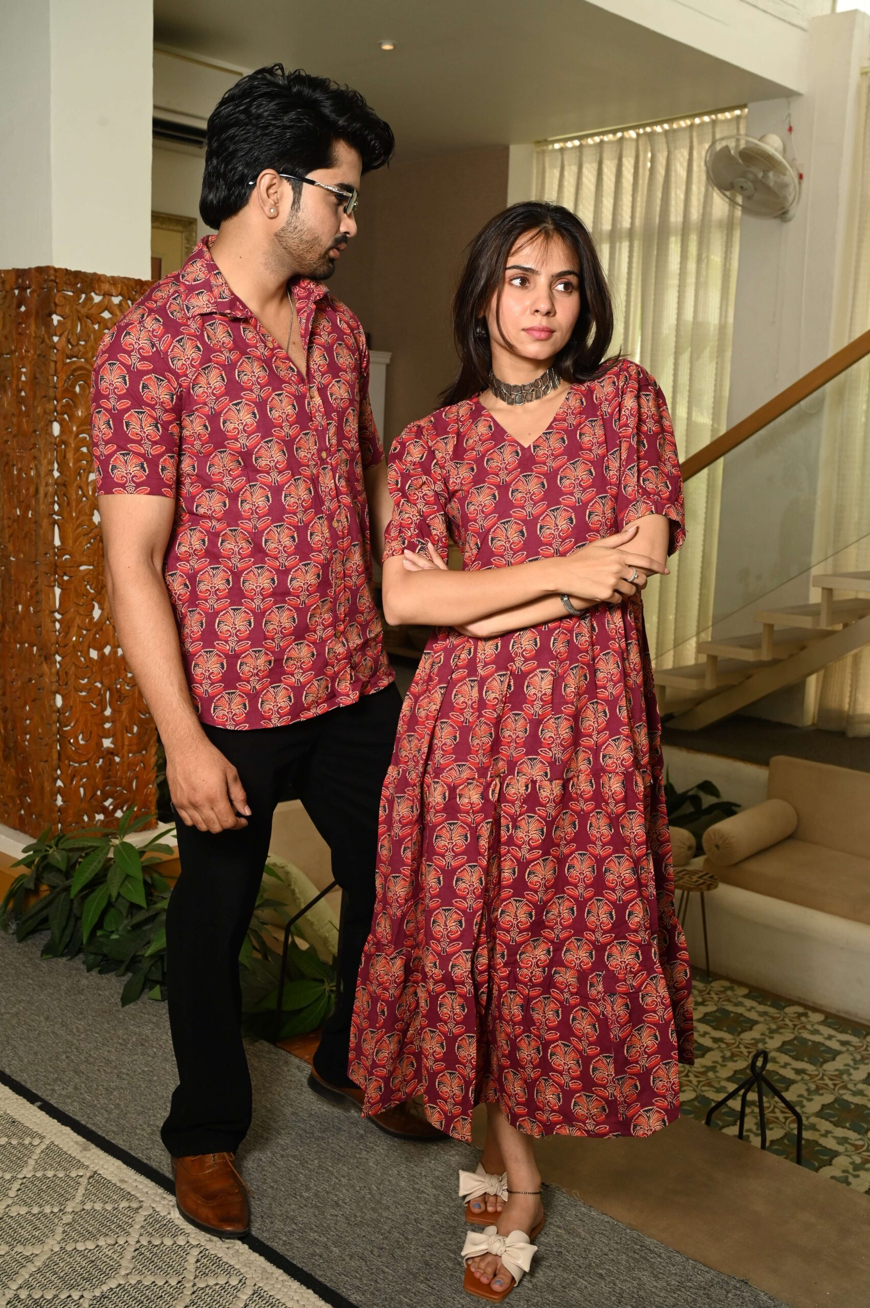 Couple Matching Red Cotton Anarkali Midi Dress and Shirt Set ? Floral Block Print - Image 2