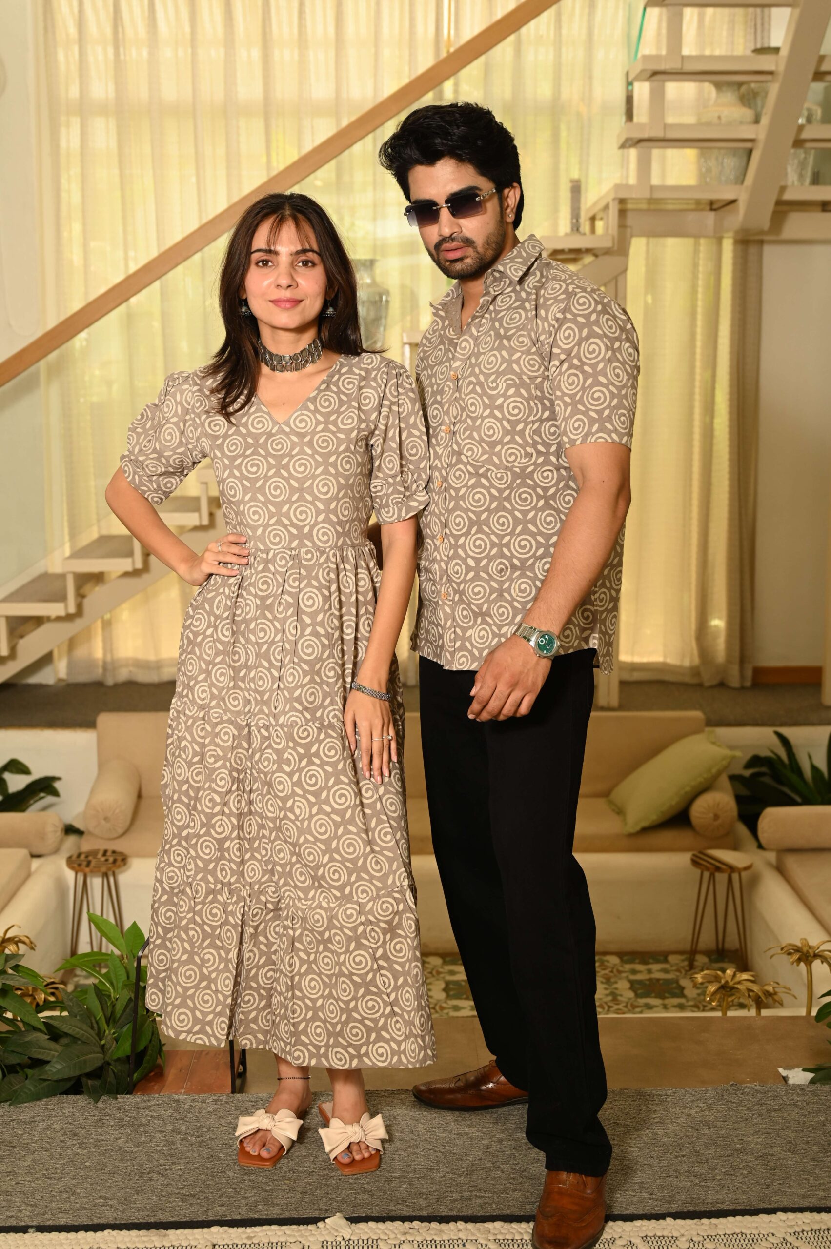 Couple Matching Beige Cotton Anarkali Midi Dress and Shirt Set ? Swirl Block Print - Image 3