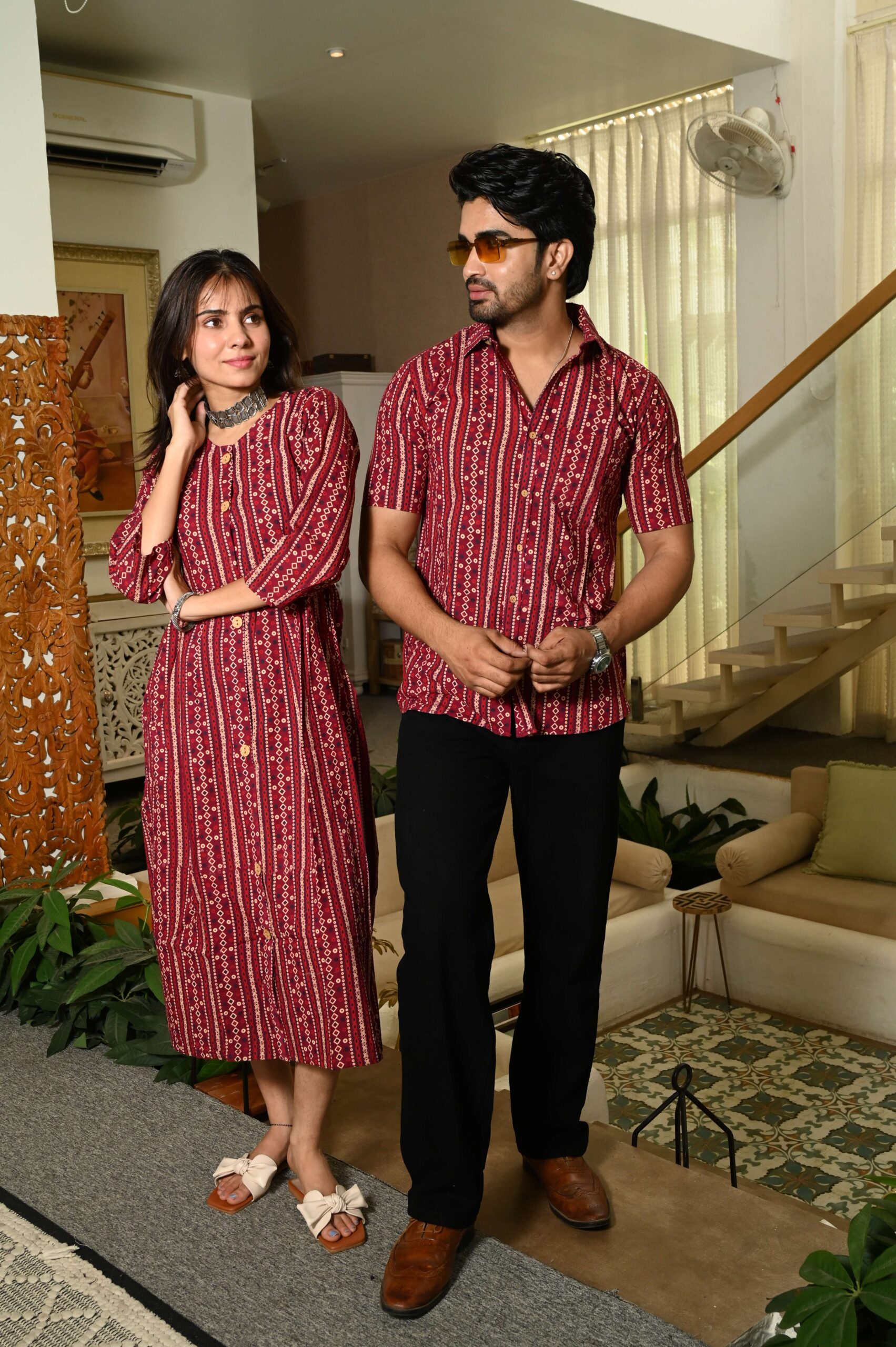 Couple Matching Maroon Cotton Anarkali Midi Dress and Shirt Set ? Vertical Stripe Ethnic Print - Image 2