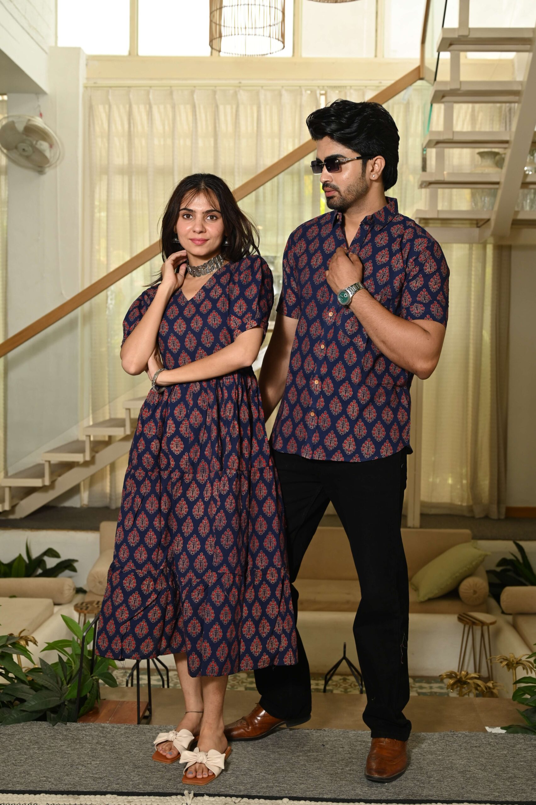 Couple Matching Navy Blue Cotton Anarkali Midi Dress and Shirt Set ? Red Hand Block Print - Image 2