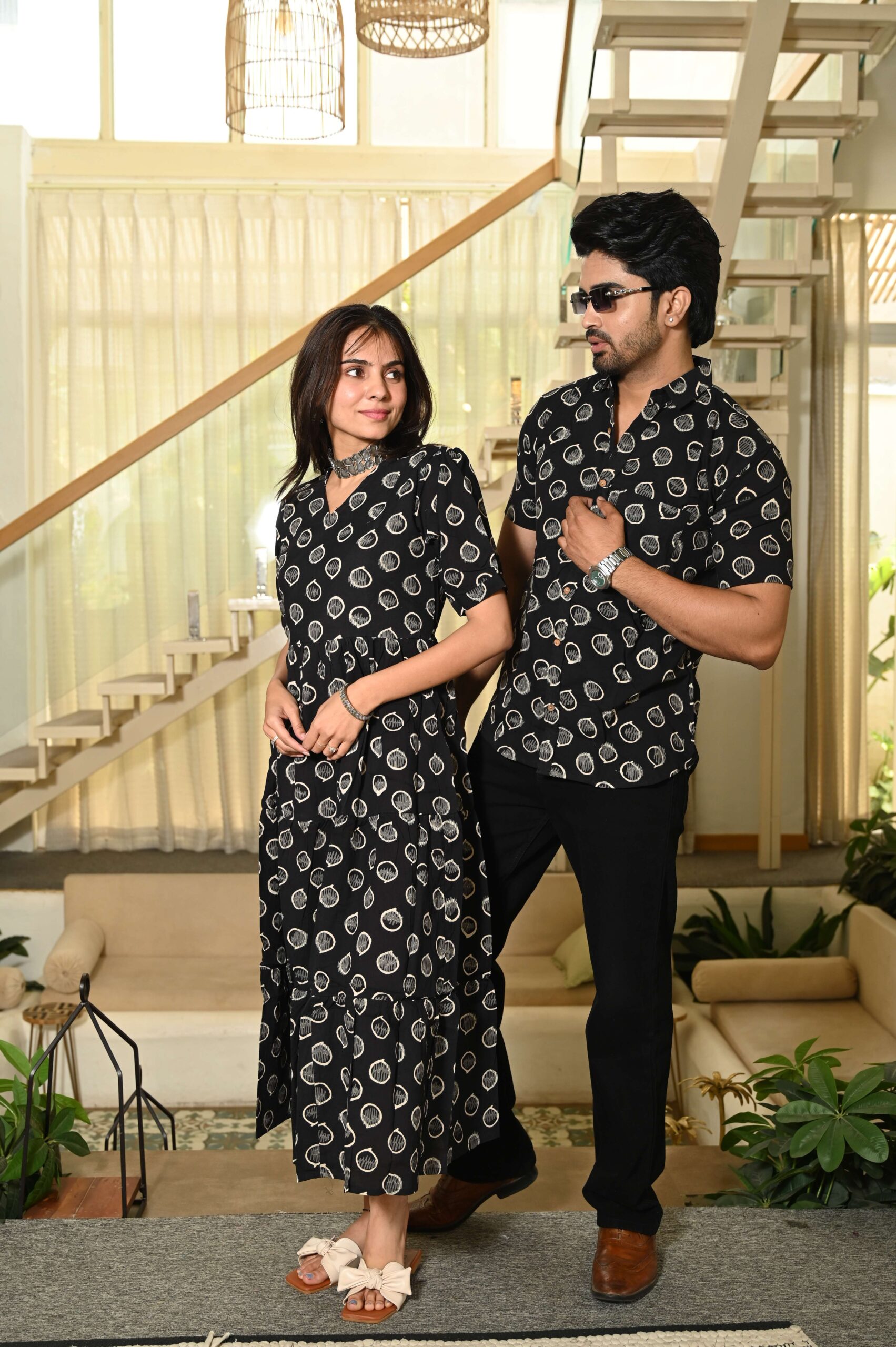 Couple Matching Black Cotton Anarkali Midi Dress and Shirt Set ? Vertical Vine Block Print - Image 2