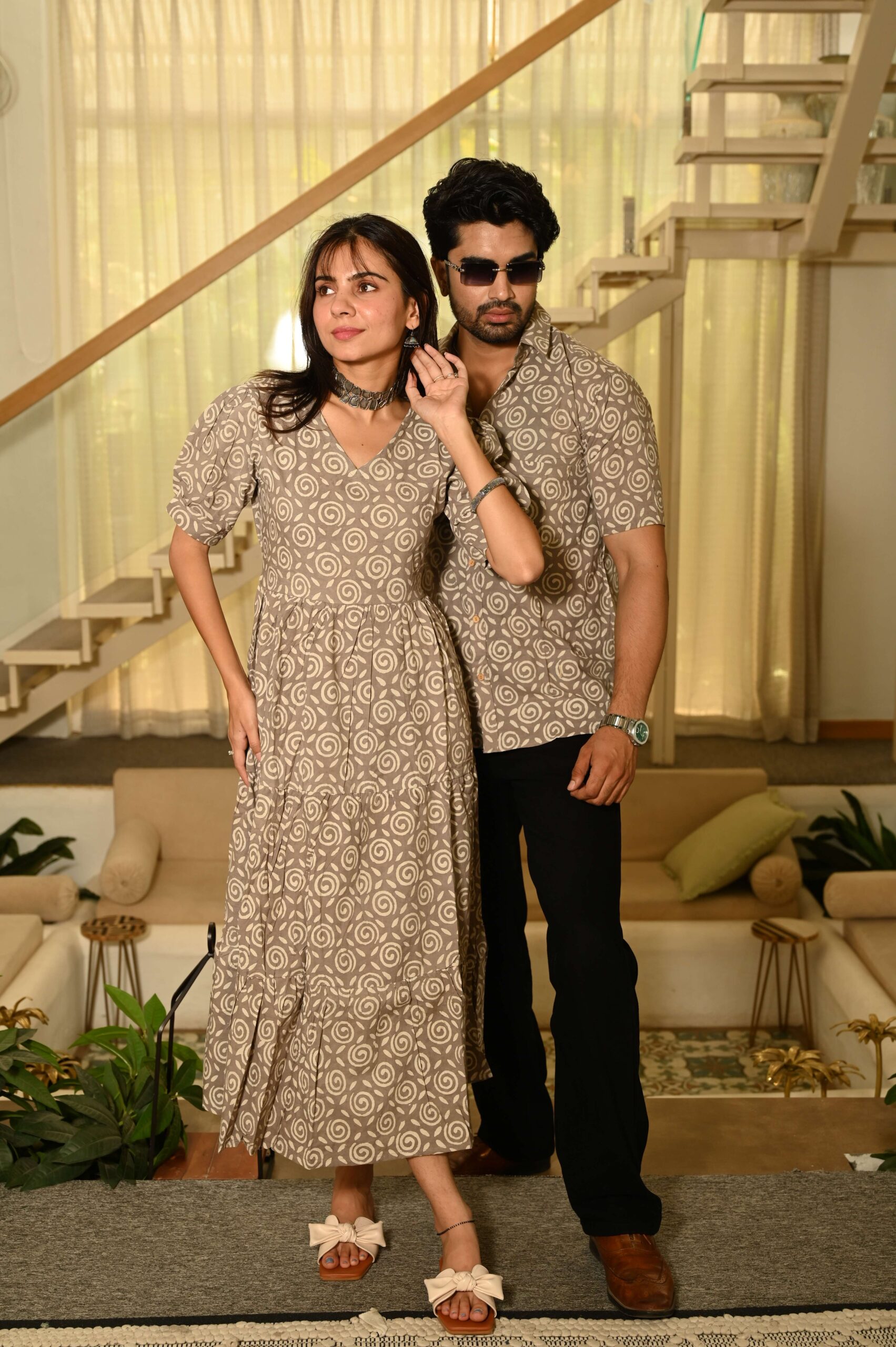 Couple Matching Beige Cotton Anarkali Midi Dress and Shirt Set ? Swirl Block Print - Image 5