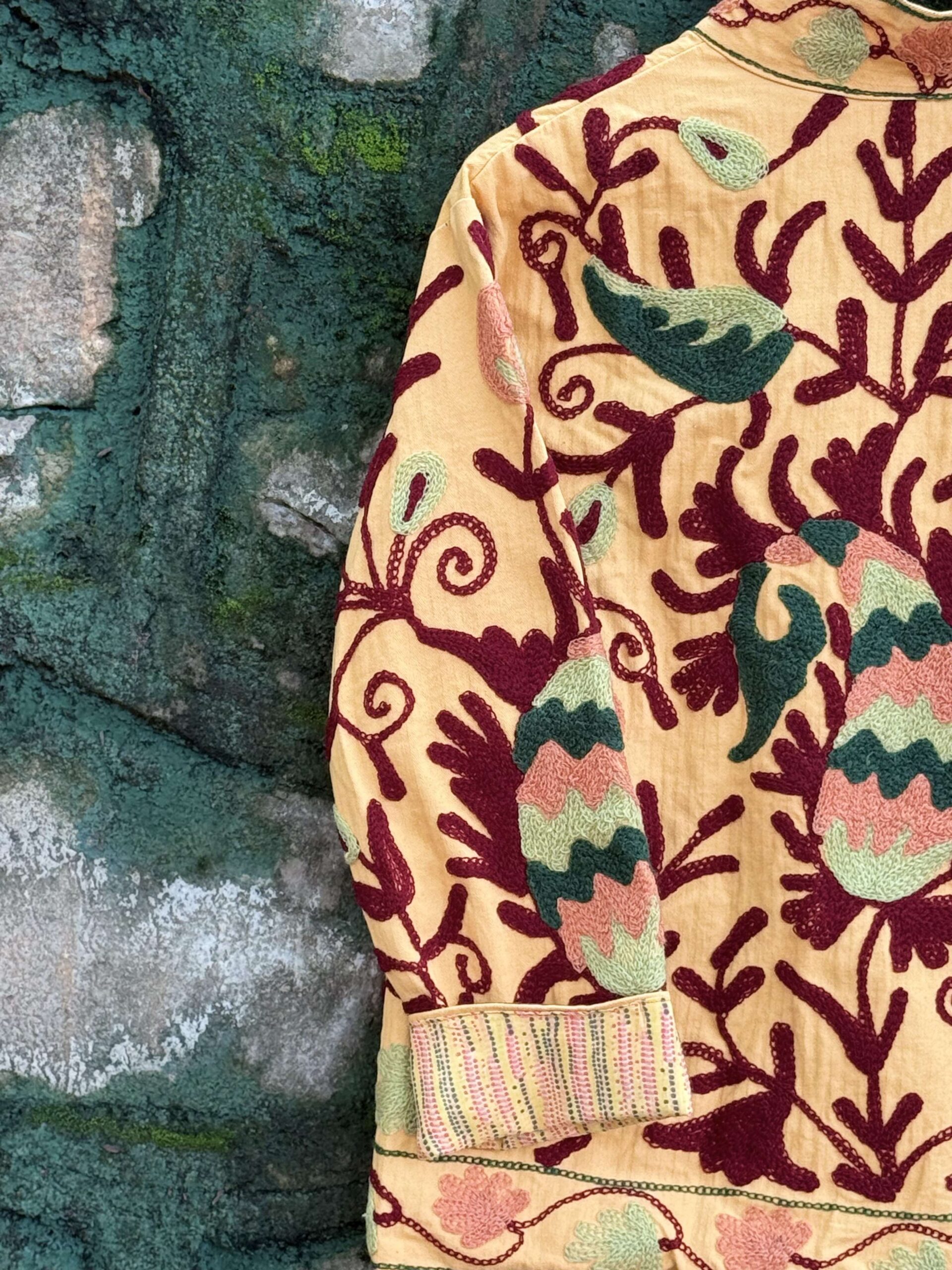 Womens Yellow Velvet Embroidered Jacket with Floral Design - Image 6