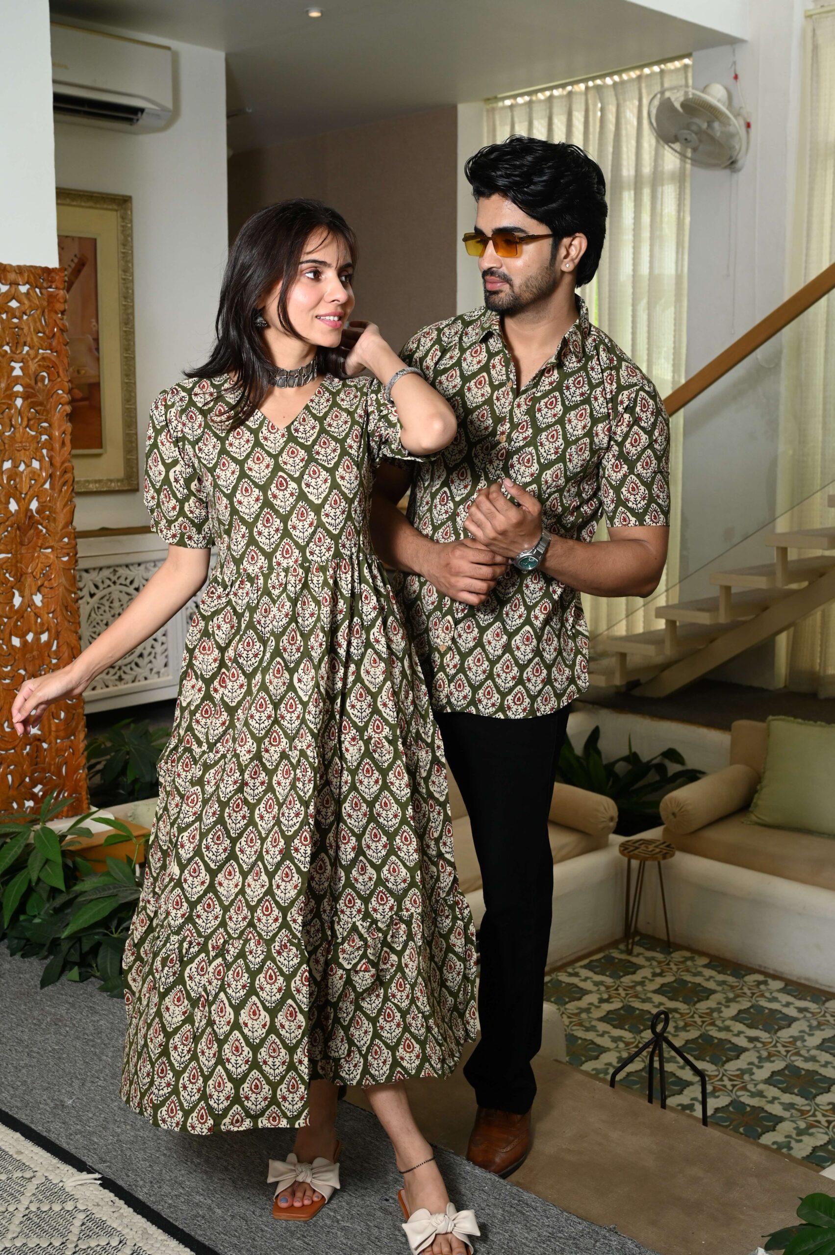 Couple Matching Green Cotton Anarkali Midi Dress and Shirt Set ? Ethnic Motif Print - Image 2